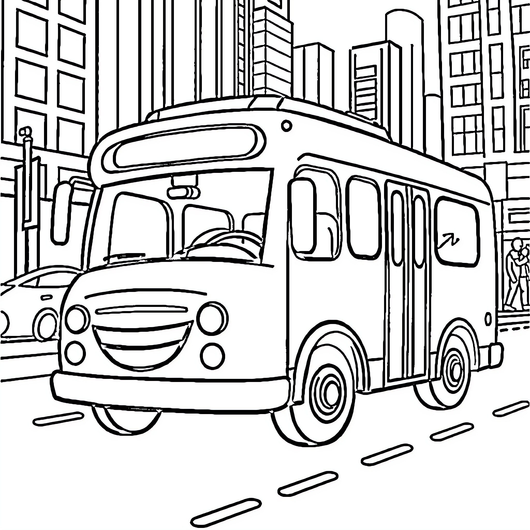Tayo the Bus Driving Through the City Coloring Page (free black-and-white line drawing printable PDF for all, from beginners to advanced learners, including children, teens, adults, and seniors)