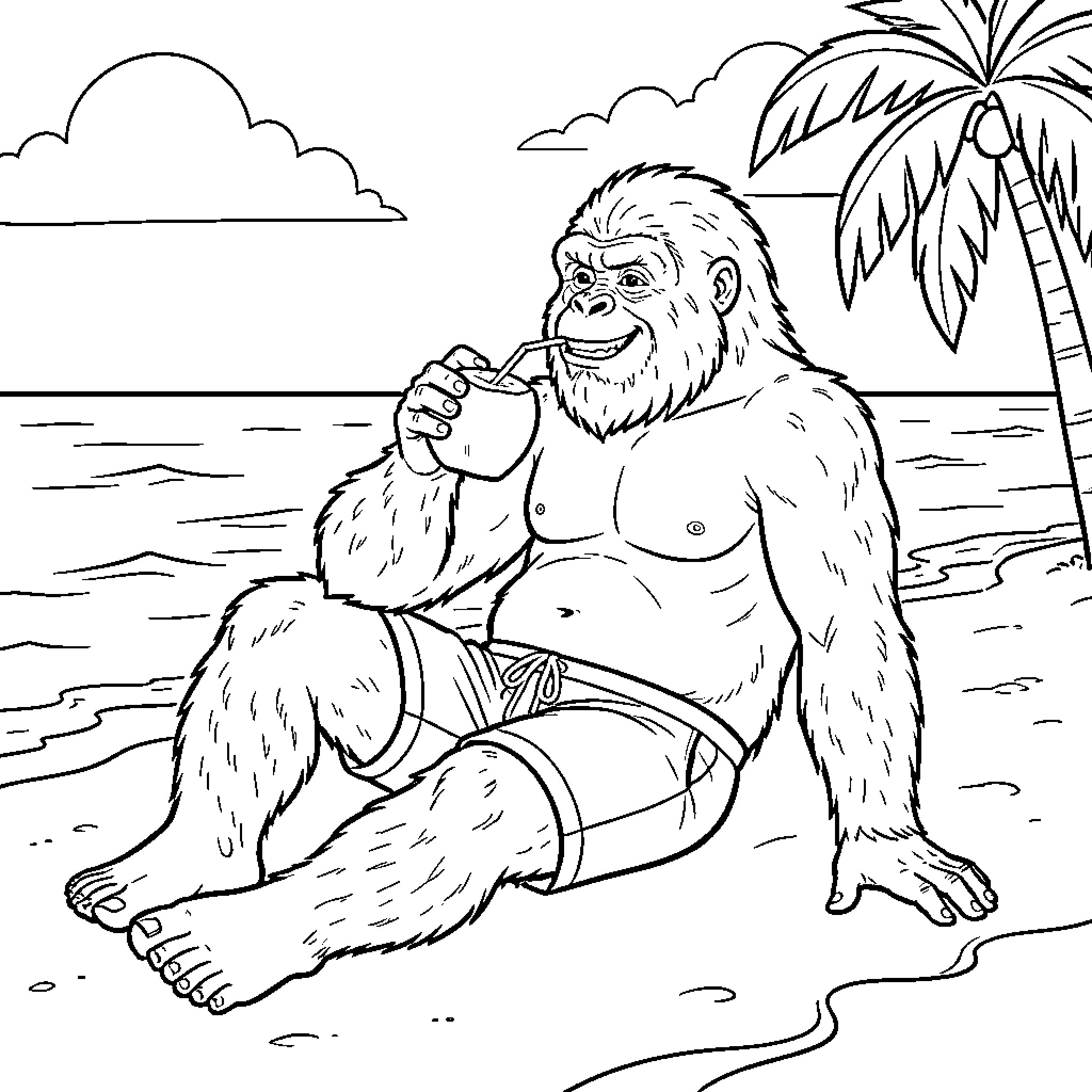 Sasquatch relaxing on the beach Coloring Page (free black-and-white line drawing printable PDF for all, from beginners to advanced learners, including children, teens, adults, and seniors)