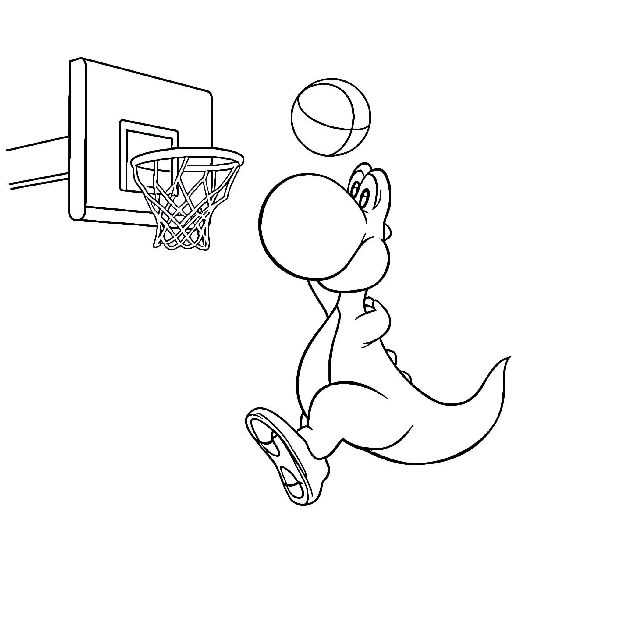 Yoshi playing basketball with enthusiasm Coloring Page (free black-and-white line drawing printable PDF for all, from beginners to advanced learners, including children, teens, adults, and seniors)