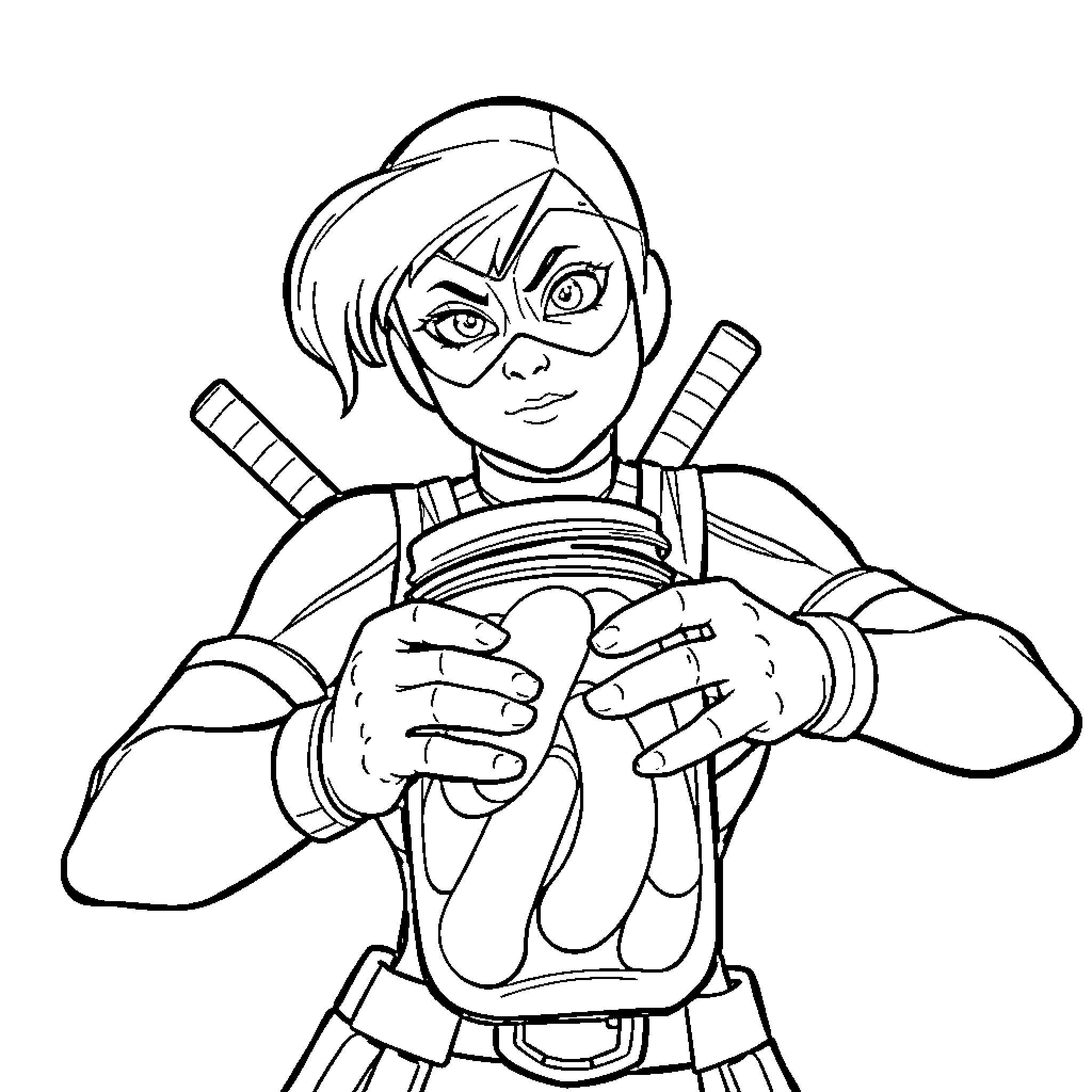 Gwenpool in action-packed pose with weapons Coloring Page (free black-and-white line drawing printable PDF for all, from beginners to advanced learners, including children, teens, adults, and seniors)