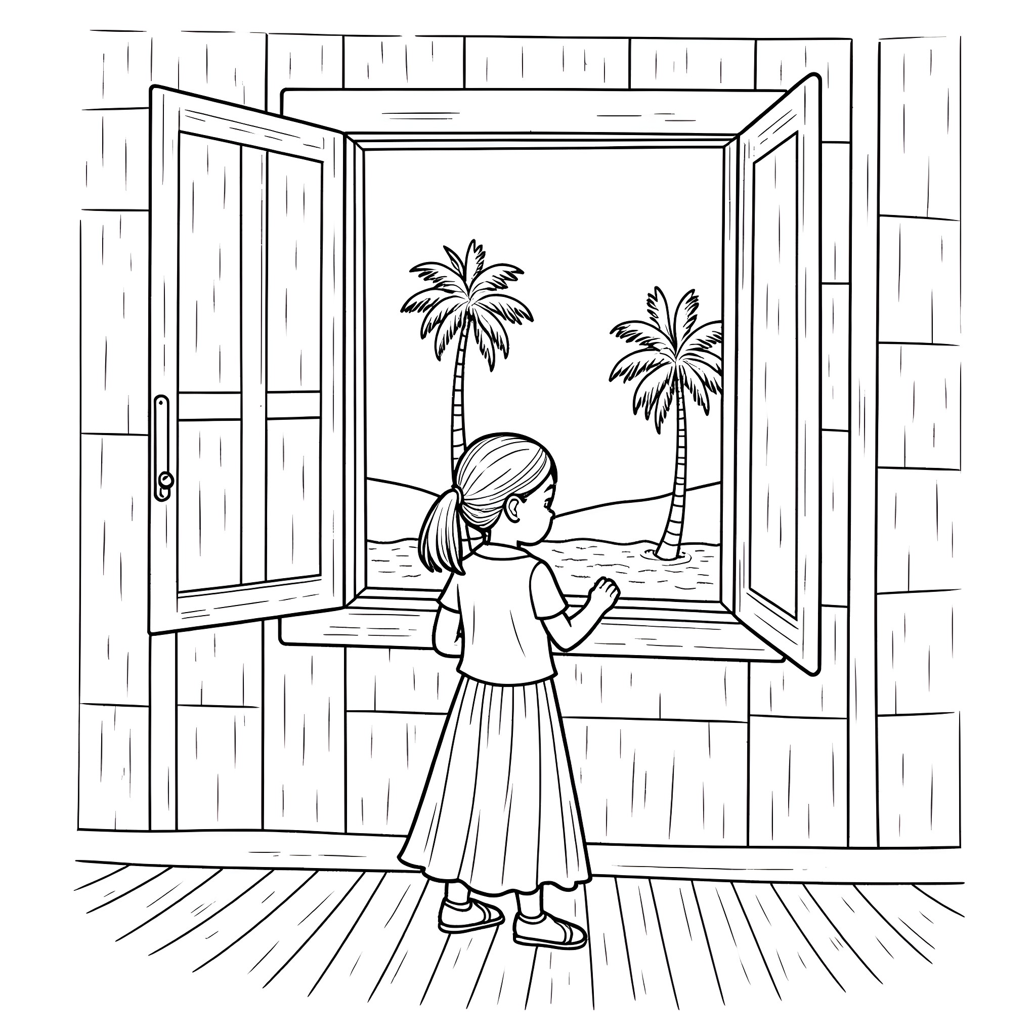 Girl looks out window at palm trees Coloring Page (free black-and-white line drawing printable PDF for all, from beginners to advanced learners, including children, teens, adults, and seniors)