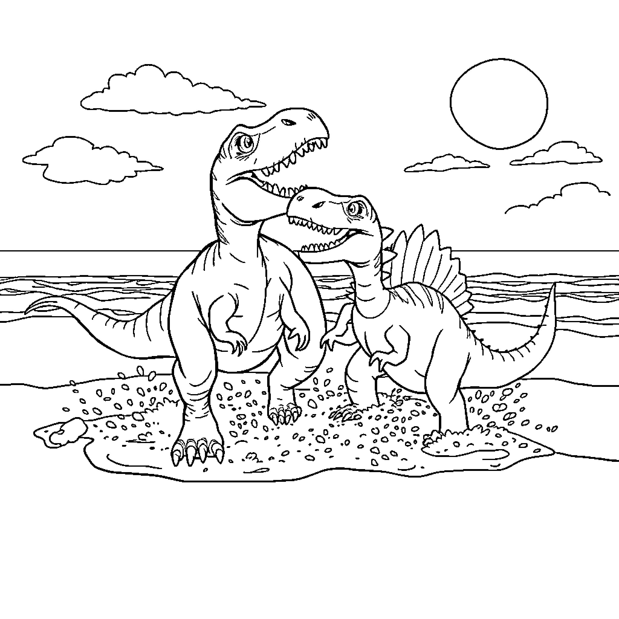 Dinosaurs playing and roaring on the beach Coloring Page (free black-and-white line drawing printable PDF for all, from beginners to advanced learners, including children, teens, adults, and seniors)