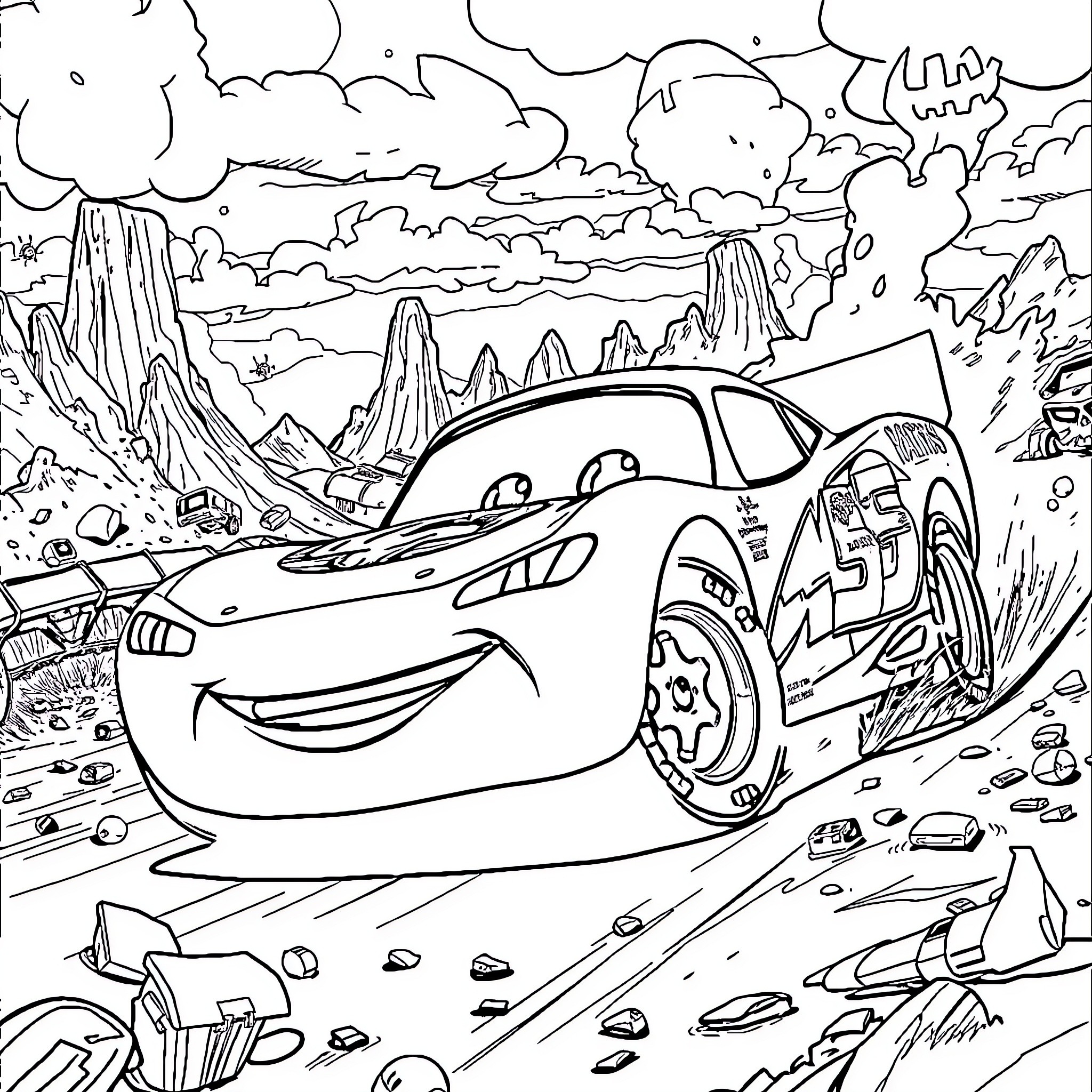 Flash McQueen in an exciting race through the desert Coloring Page (free black-and-white line drawing printable PDF for all, from beginners to advanced learners, including children, teens, adults, and seniors)