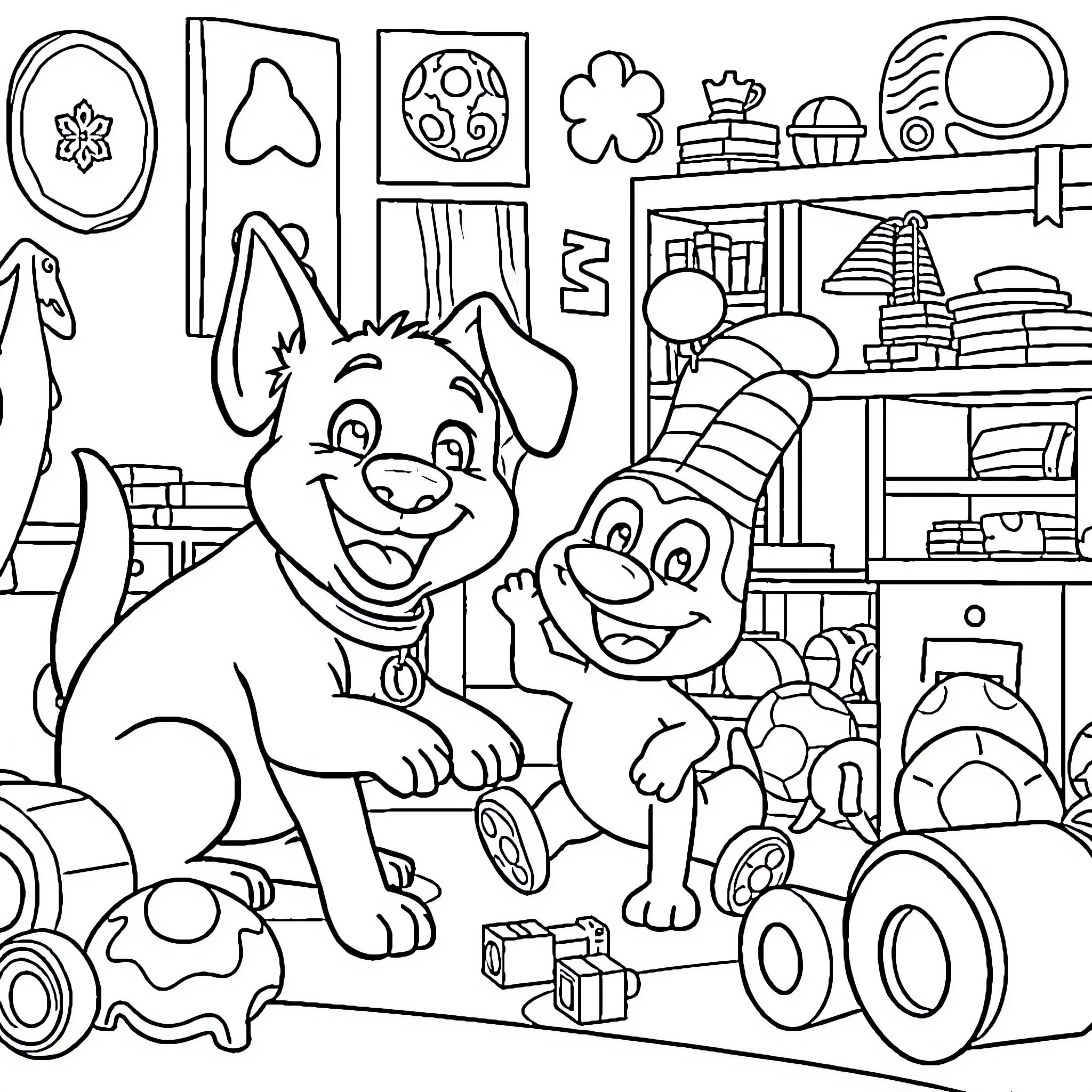 Bluey and Friends Playful Adventure Coloring Page (free black-and-white line drawing printable PDF for all, from beginners to advanced learners, including children, teens, adults, and seniors)