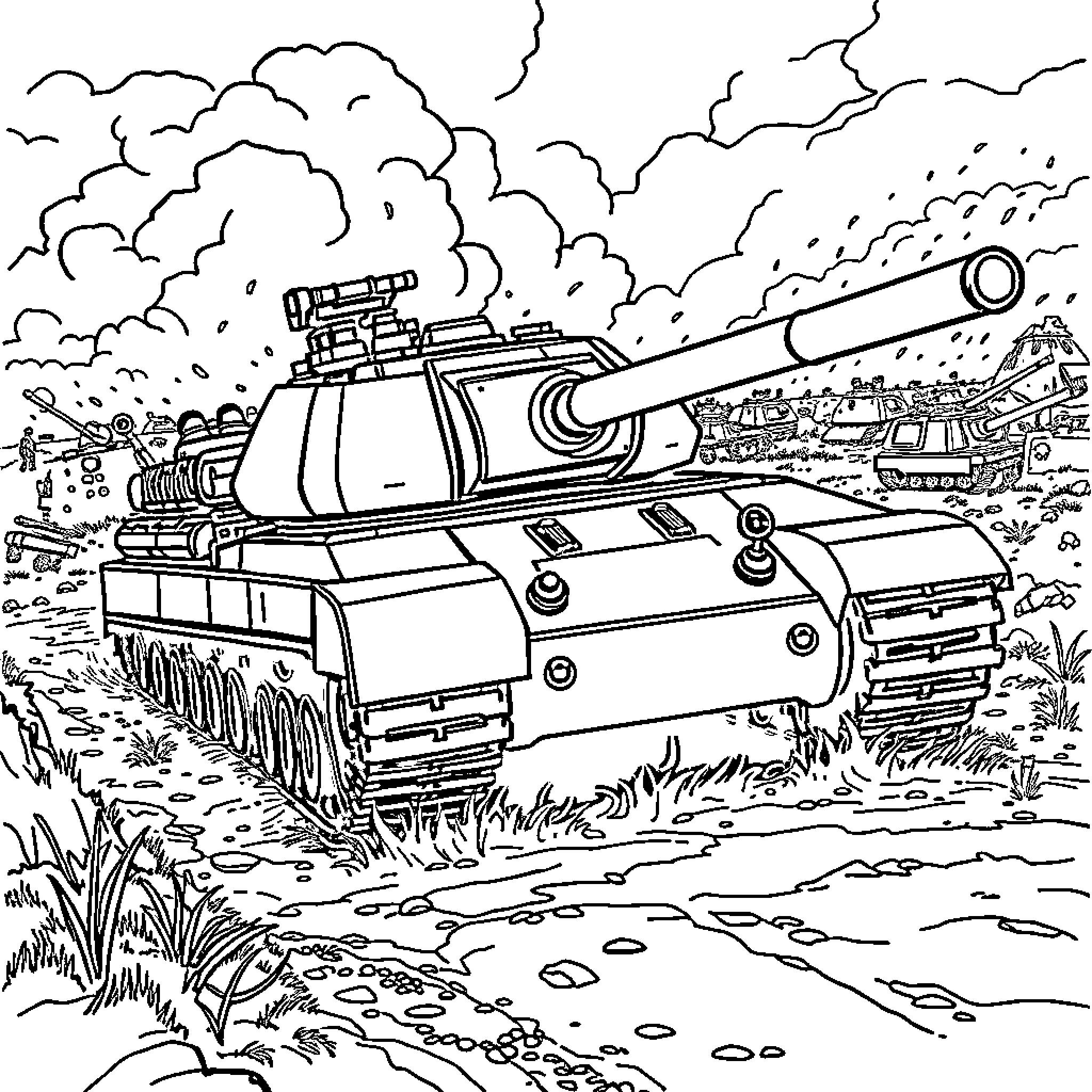 Tank engaged in military maneuvers on the battlefield Coloring Page (free black-and-white line drawing printable PDF for all, from beginners to advanced learners, including children, teens, adults, and seniors)