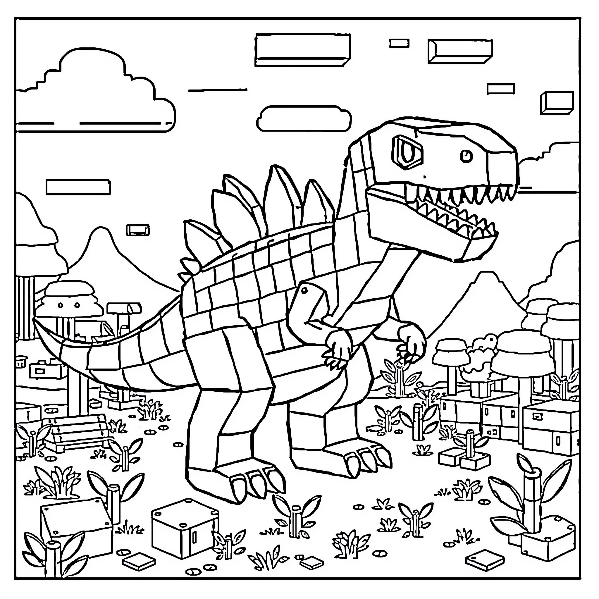Dinosaur exploring a fantastical landscape Coloring Page (free black-and-white line drawing printable PDF for all, from beginners to advanced learners, including children, teens, adults, and seniors)