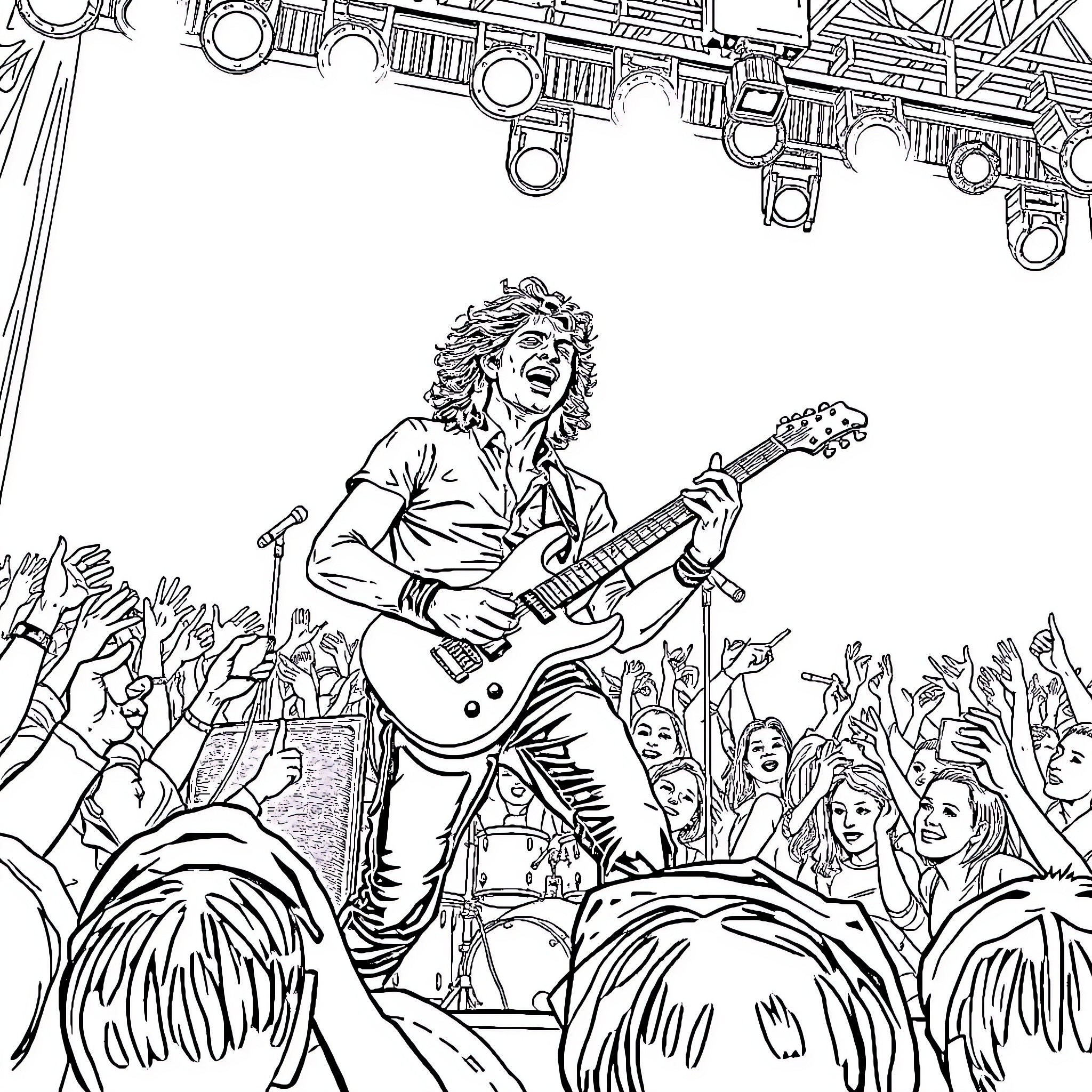 Chris Cornell performing energetically on stage for a cheering crowd Coloring Page (free black-and-white line drawing printable PDF for all, from beginners to advanced learners, including children, teens, adults, and seniors)