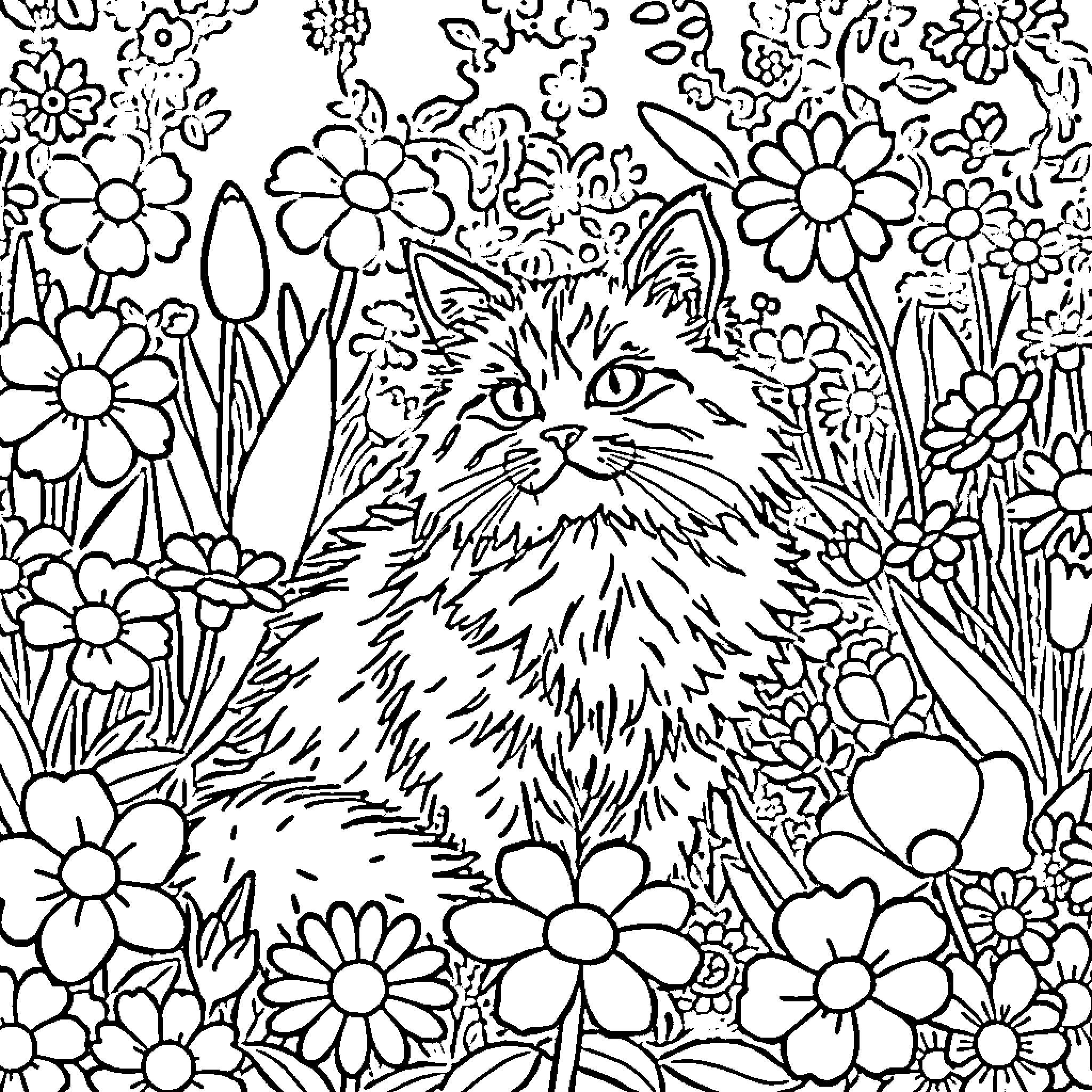 Cat among the flowers Coloring Page (free black-and-white line drawing printable PDF for all, from beginners to advanced learners, including children, teens, adults, and seniors)