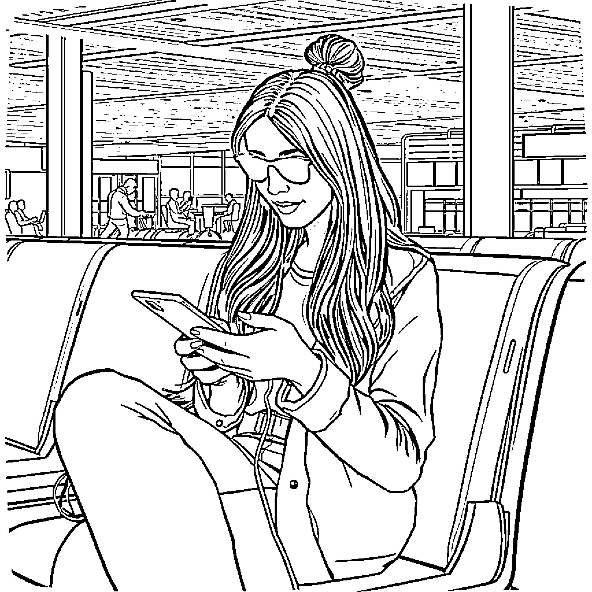 Woman sitting thoughtfully with mobile device Coloring Page (free black-and-white line drawing printable PDF for all, from beginners to advanced learners, including children, teens, adults, and seniors)