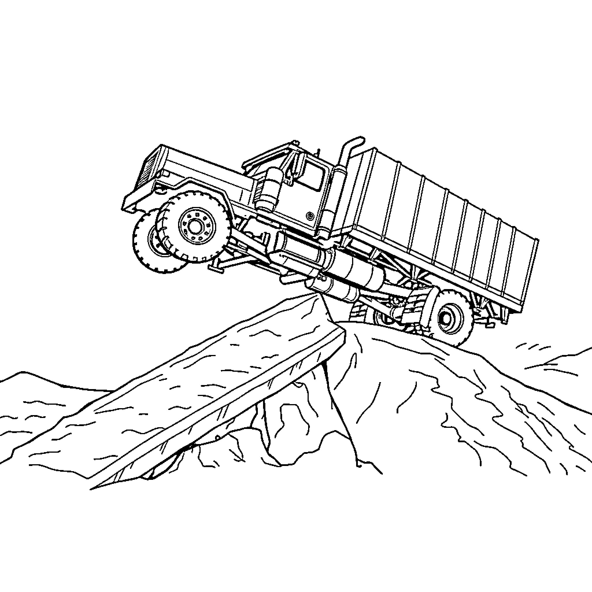 Truck Climbing over Rugged Terrain Coloring Page (free black-and-white line drawing printable PDF for all, from beginners to advanced learners, including children, teens, adults, and seniors)