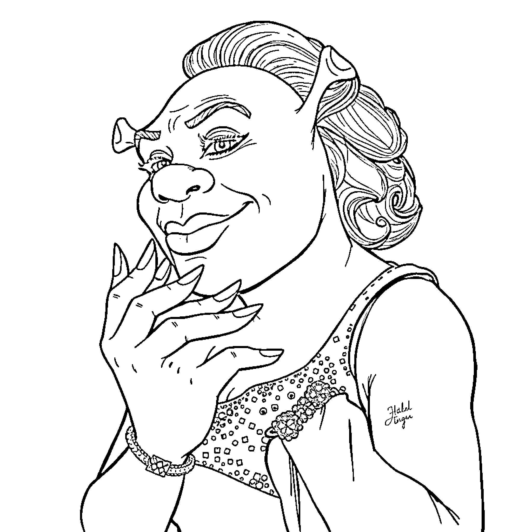Shrek character laughing with expressive face Coloring Page (free black-and-white line drawing printable PDF for all, from beginners to advanced learners, including children, teens, adults, and seniors)