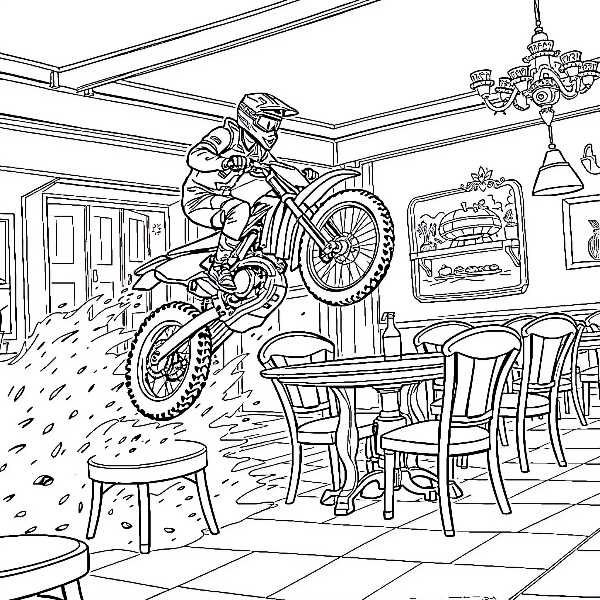 Moto Rider's Unexpected Indoor Adventure Coloring Page (free black-and-white line drawing printable PDF for all, from beginners to advanced learners, including children, teens, adults, and seniors)
