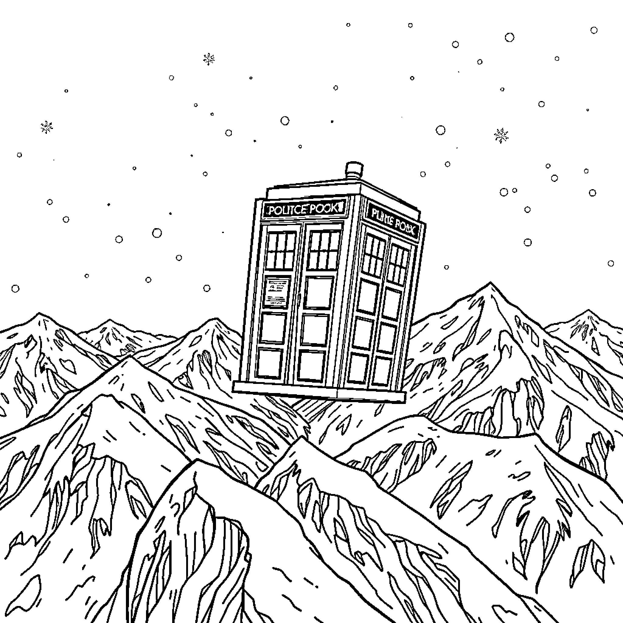 TARDIS Journeying Through Snowy Mountains Coloring Page (free black-and-white line drawing printable PDF for all, from beginners to advanced learners, including children, teens, adults, and seniors)