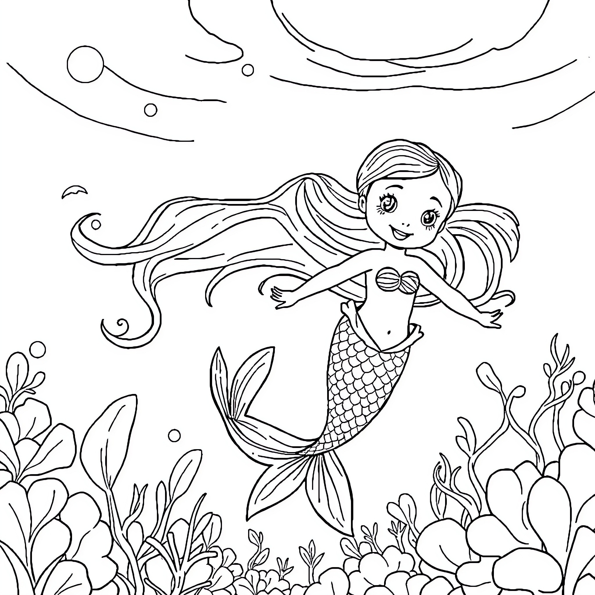 Mermaid playing happily in the underwater scene Coloring Page (free black-and-white line drawing printable PDF for all, from beginners to advanced learners, including children, teens, adults, and seniors)