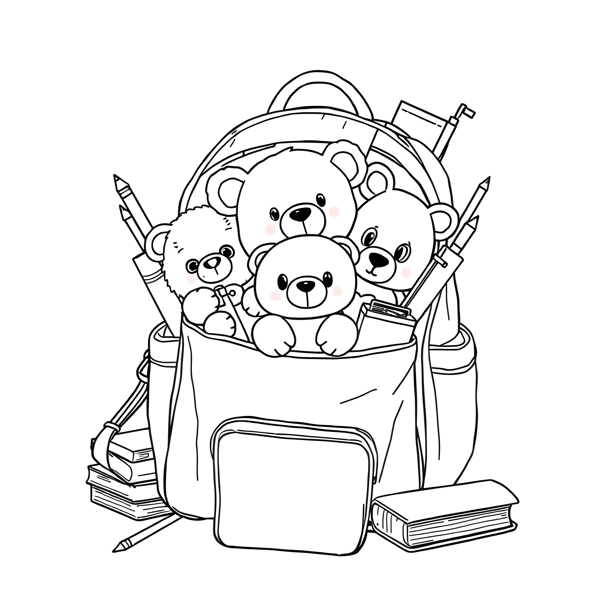 Plush Toy Bears in School Backpack Coloring Page (free black-and-white line drawing printable PDF for all, from beginners to advanced learners, including children, teens, adults, and seniors)