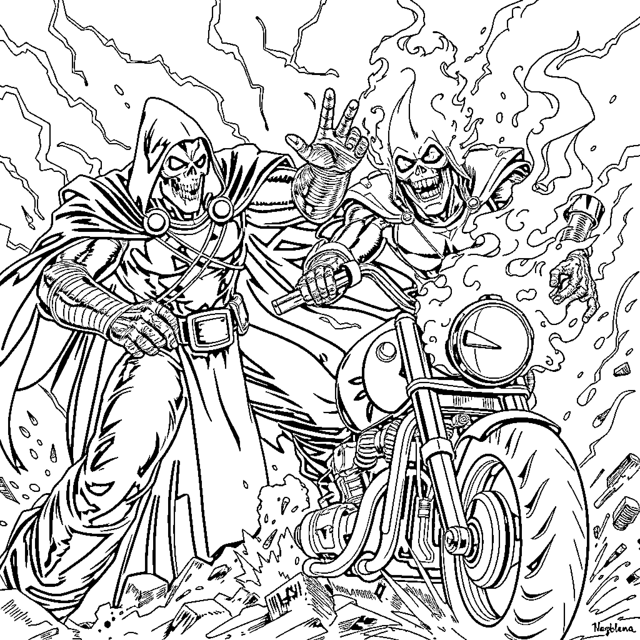 Ghost Rider Revs Motorcycle Amidst Supernatural Chaos Coloring Page (free black-and-white line drawing printable PDF for all, from beginners to advanced learners, including children, teens, adults, and seniors)