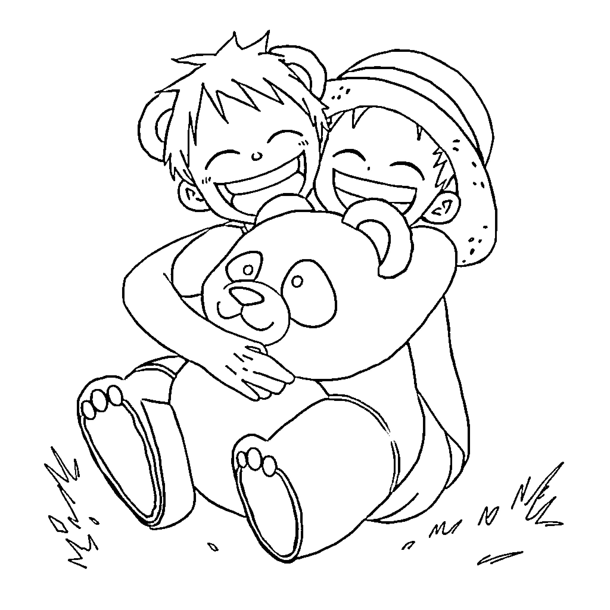 Luffy embracing a stuffed panda with cheerful expressions Coloring Page (free black-and-white line drawing printable PDF for all, from beginners to advanced learners, including children, teens, adults, and seniors)