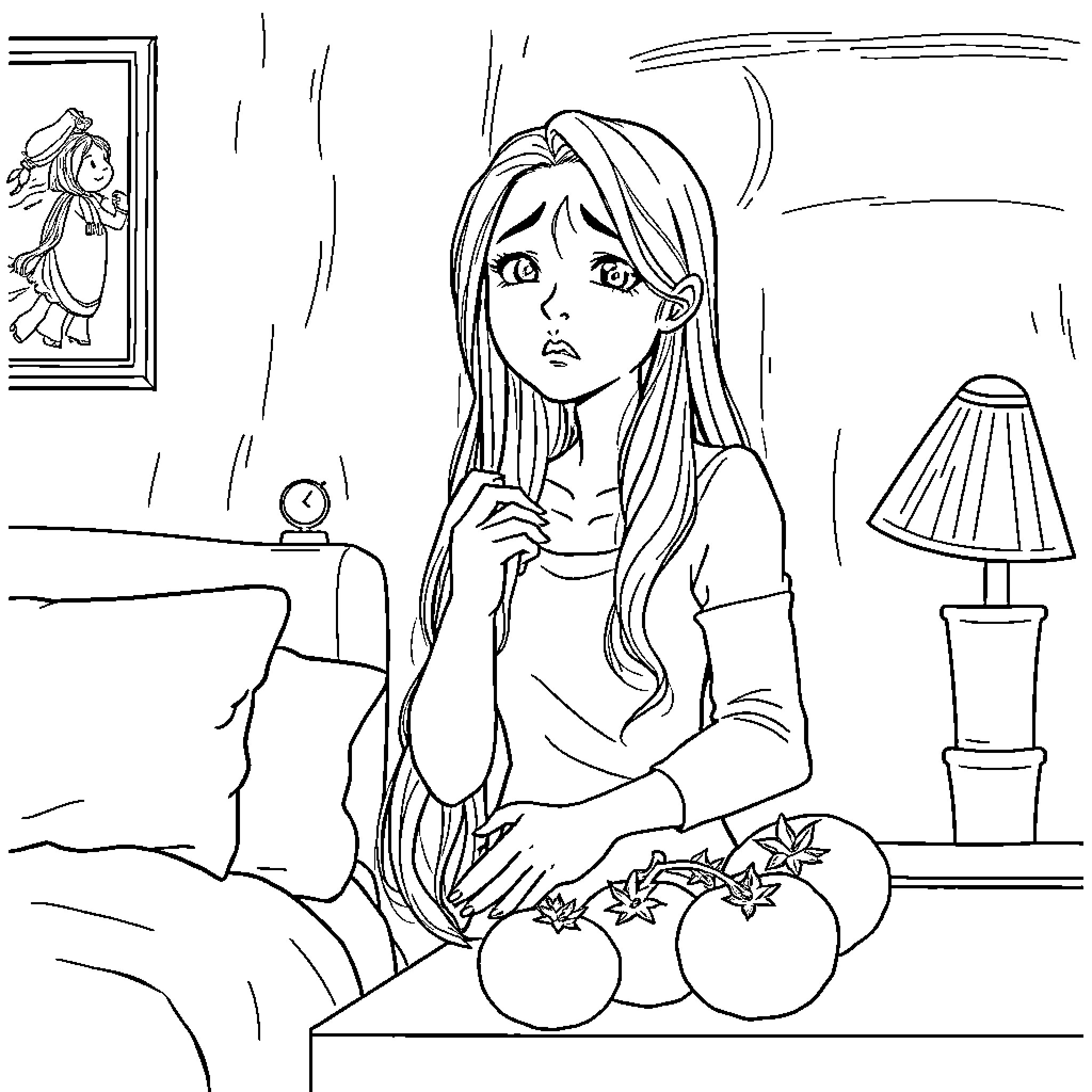 Mom caring for her family at home Coloring Page (free black-and-white line drawing printable PDF for all, from beginners to advanced learners, including children, teens, adults, and seniors)
