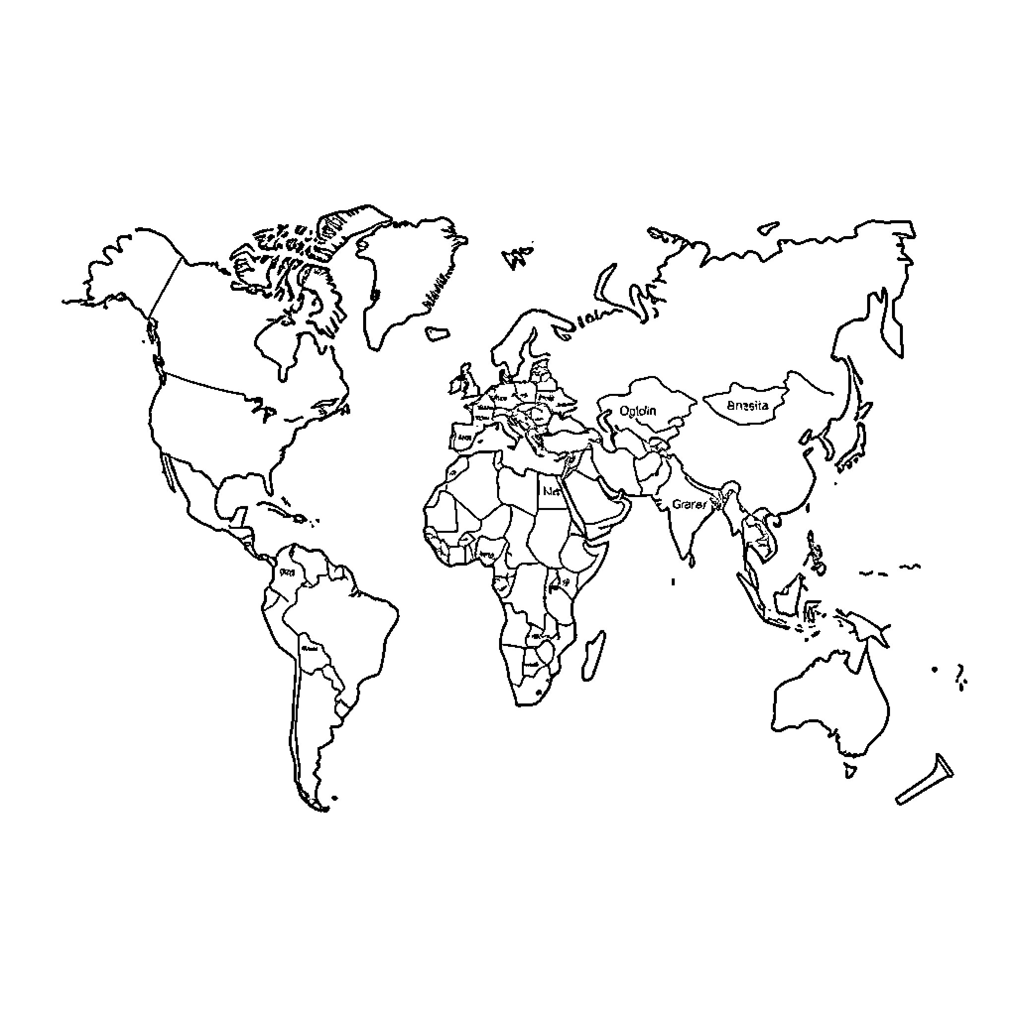 Map of the world with country outlines Coloring Page (free black-and-white line drawing printable PDF for all, from beginners to advanced learners, including children, teens, adults, and seniors)