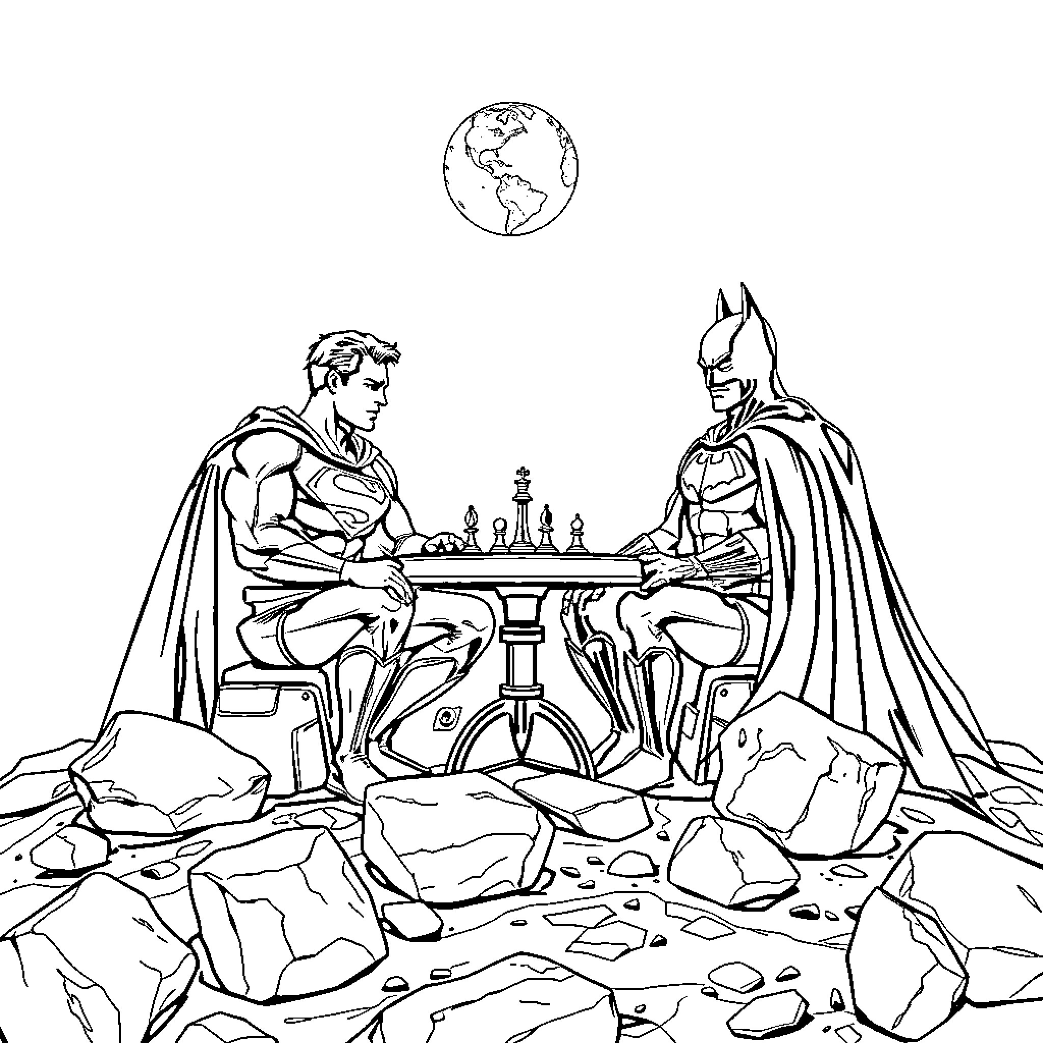 Superman and Batman playing chess on a rocky terrain Coloring Page (free black-and-white line drawing printable PDF for all, from beginners to advanced learners, including children, teens, adults, and seniors)