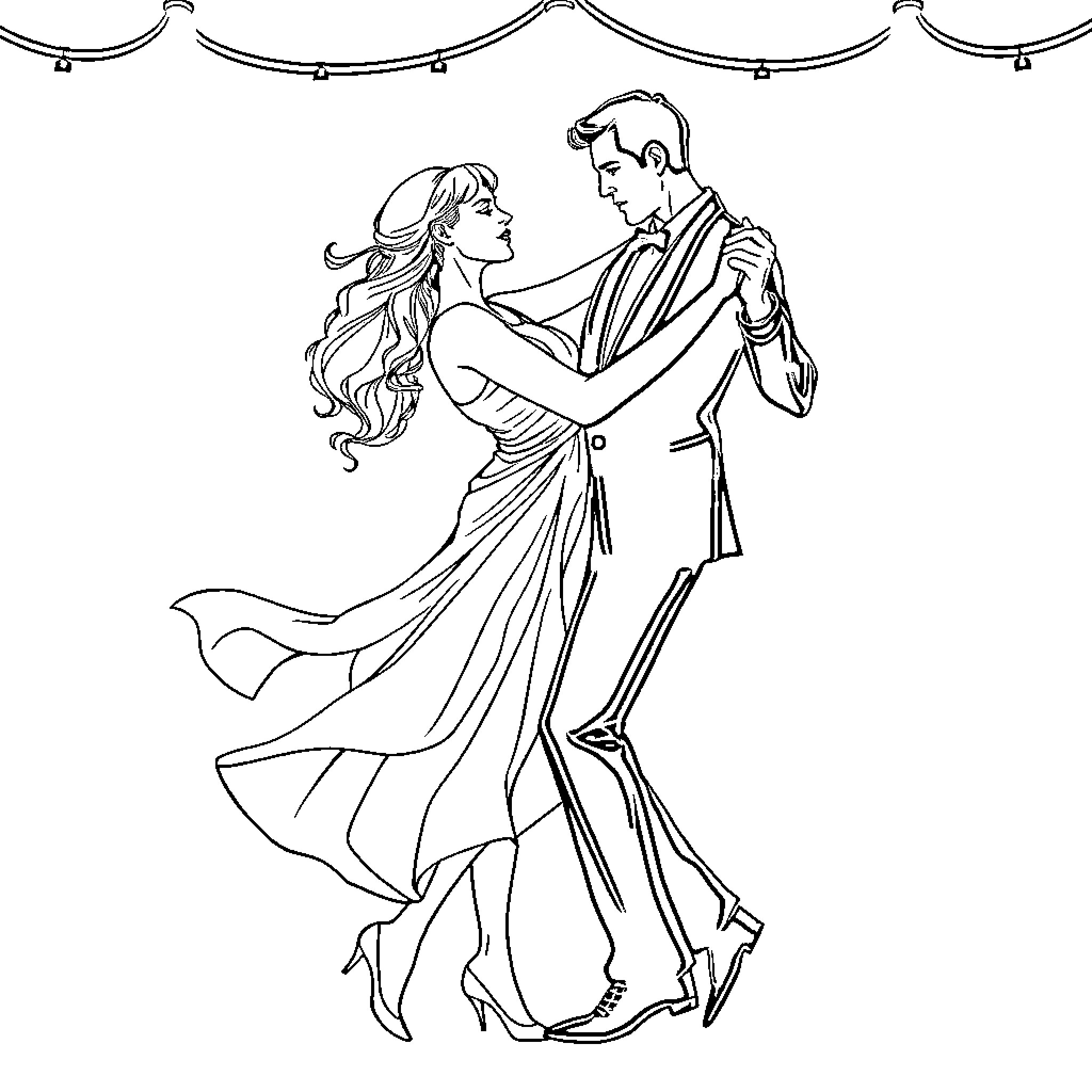 Dance of Elegance and Passion Coloring Page (free black-and-white line drawing printable PDF for all, from beginners to advanced learners, including children, teens, adults, and seniors)
