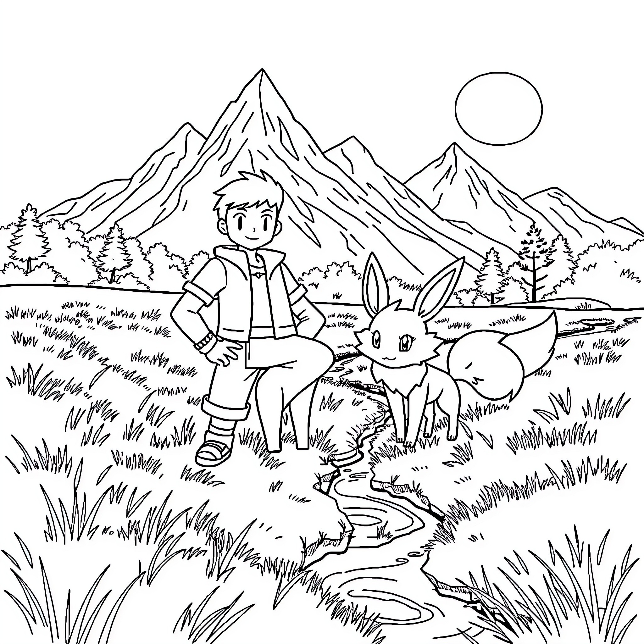 Brock enjoying a peaceful nature hike with forest animals Coloring Page (free black-and-white line drawing printable PDF for all, from beginners to advanced learners, including children, teens, adults, and seniors)