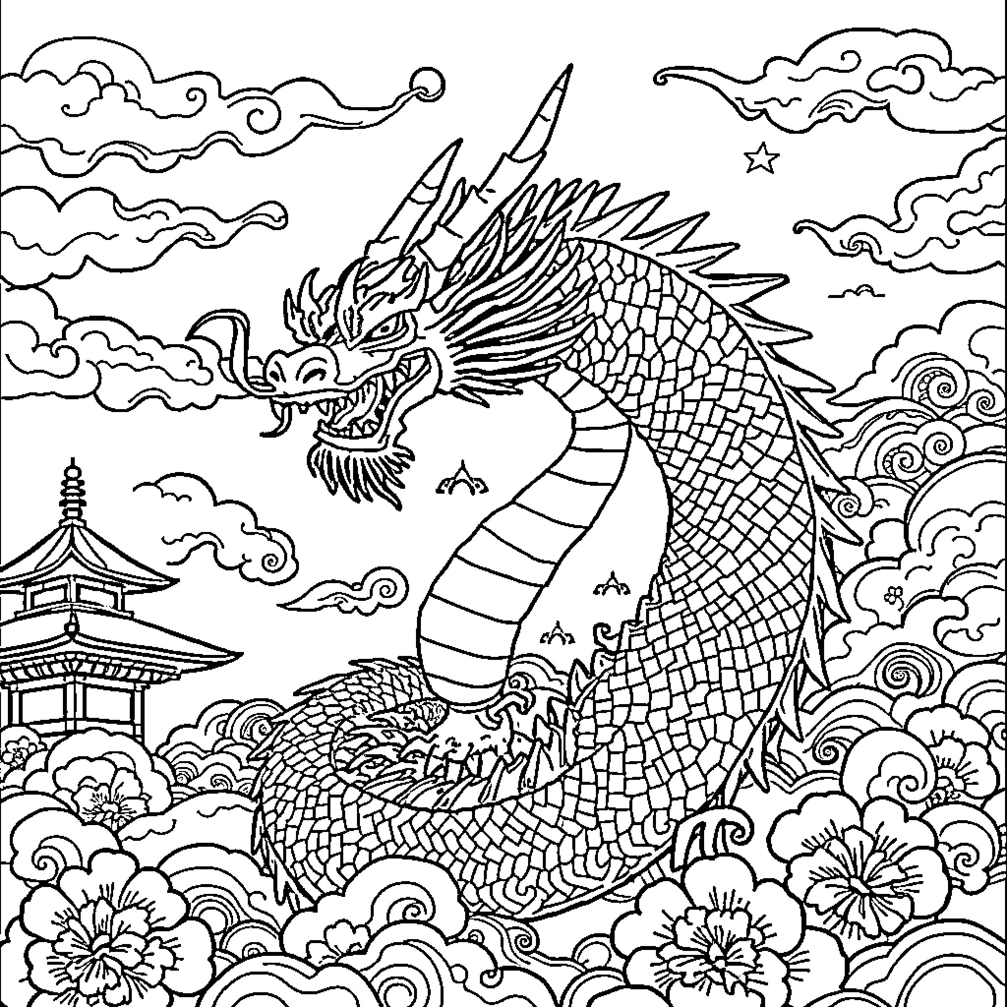 Dragon soaring through the mystical oriental landscape Coloring Page (free black-and-white line drawing printable PDF for all, from beginners to advanced learners, including children, teens, adults, and seniors)