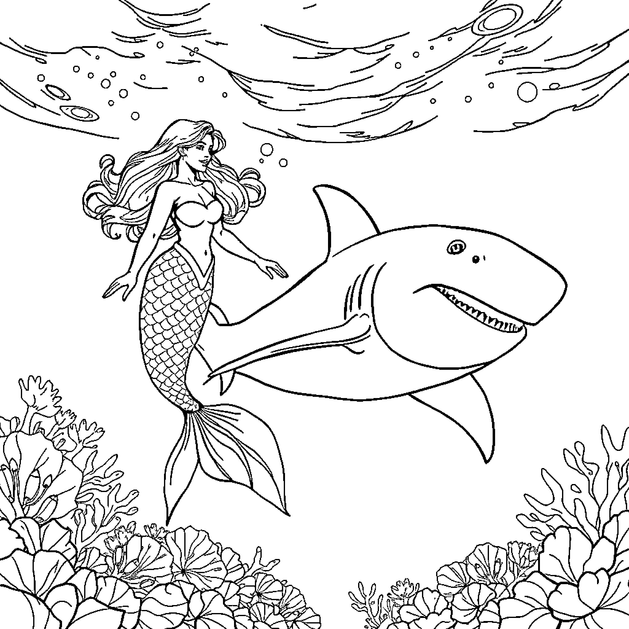 Mermaid encountering an underwater shark Coloring Page (free black-and-white line drawing printable PDF for all, from beginners to advanced learners, including children, teens, adults, and seniors)