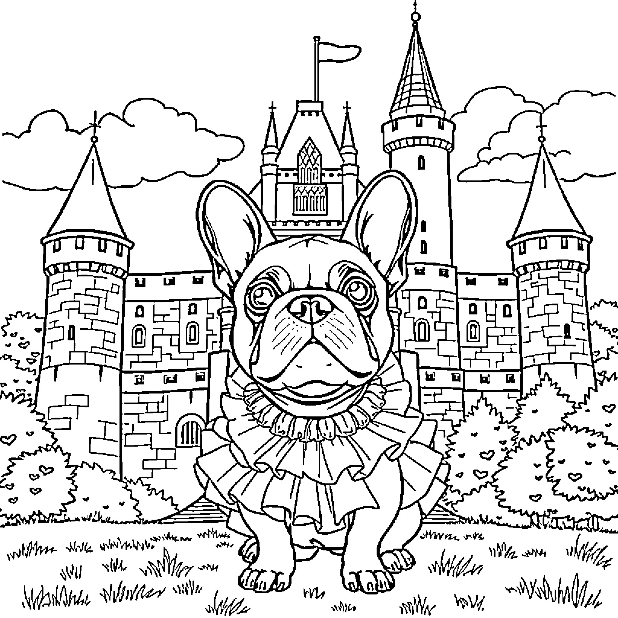 French Bulldog exploring a fantasy castle landscape Coloring Page (free black-and-white line drawing printable PDF for all, from beginners to advanced learners, including children, teens, adults, and seniors)