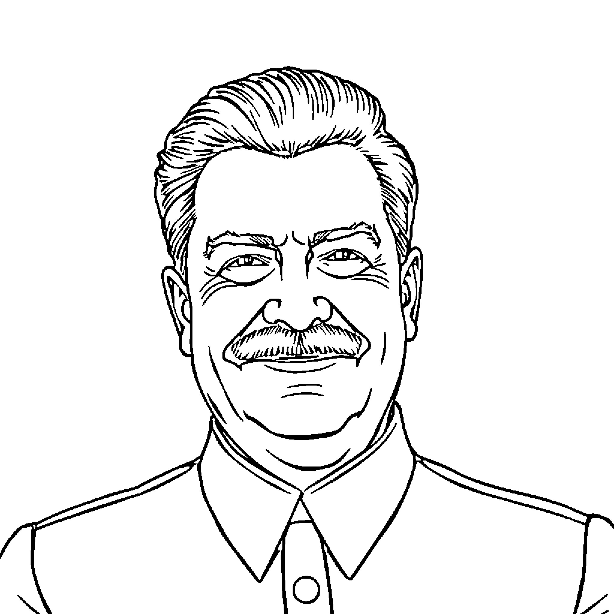 Stalin's Stern Expression in Formal Attire Coloring Page (free black-and-white line drawing printable PDF for all, from beginners to advanced learners, including children, teens, adults, and seniors)