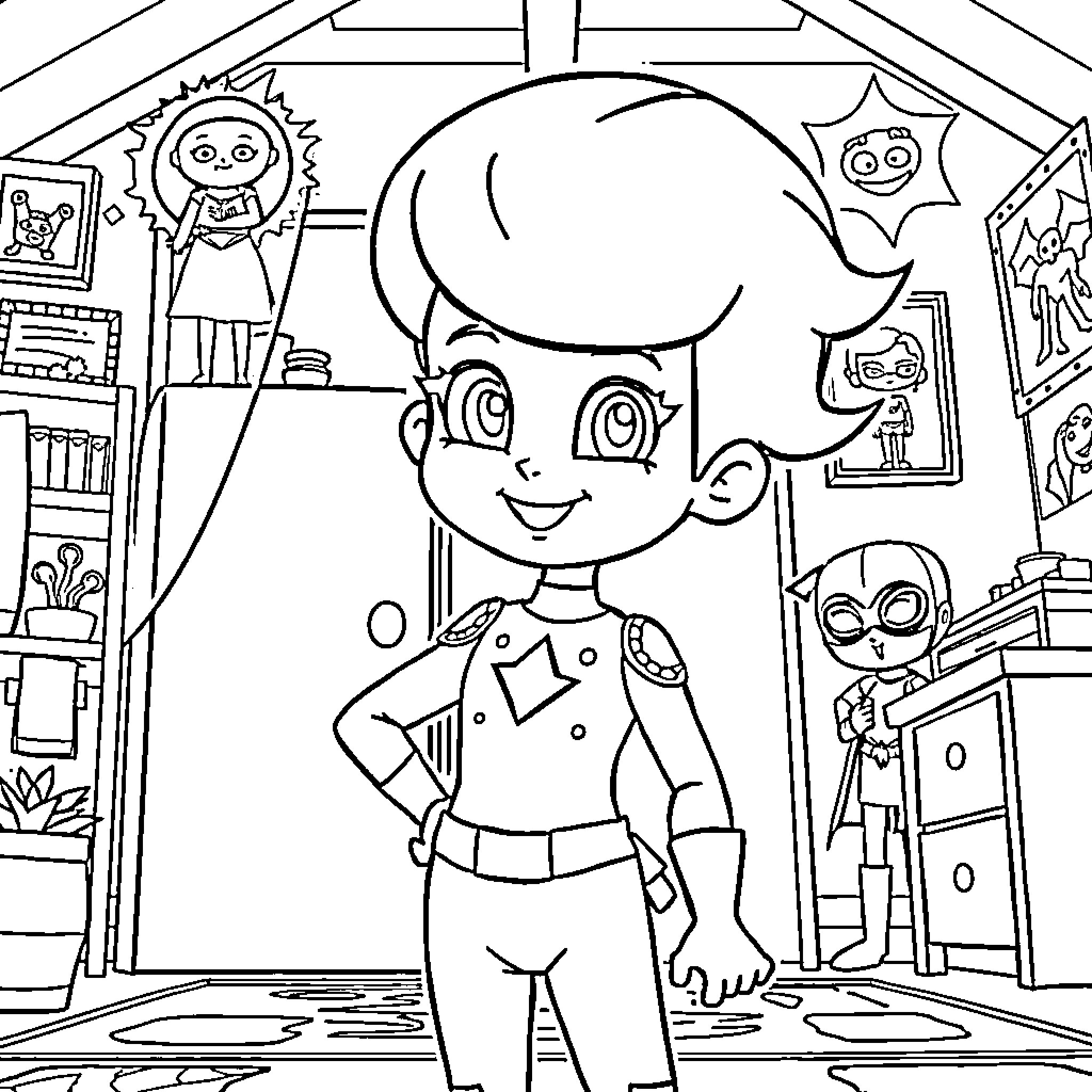 Phoebe's Vibrant Imagination in Her Playful Studio Coloring Page (free black-and-white line drawing printable PDF for all, from beginners to advanced learners, including children, teens, adults, and seniors)