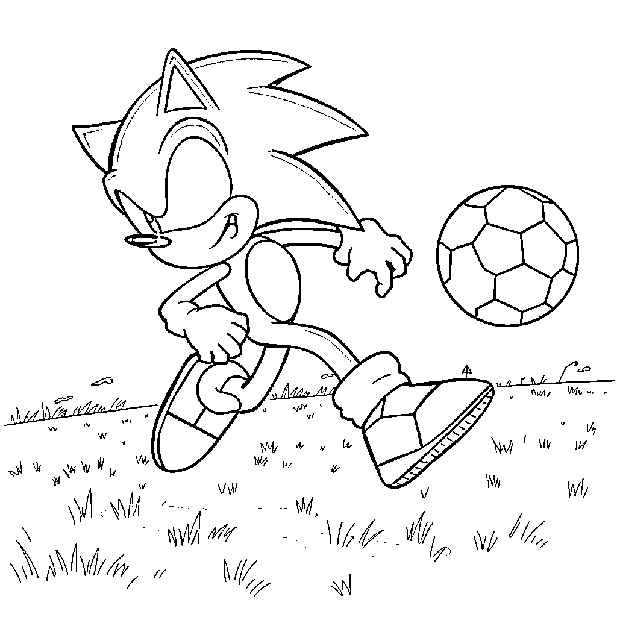 Sonic kicking soccer ball on grassy field Coloring Page (free black-and-white line drawing printable PDF for all, from beginners to advanced learners, including children, teens, adults, and seniors)