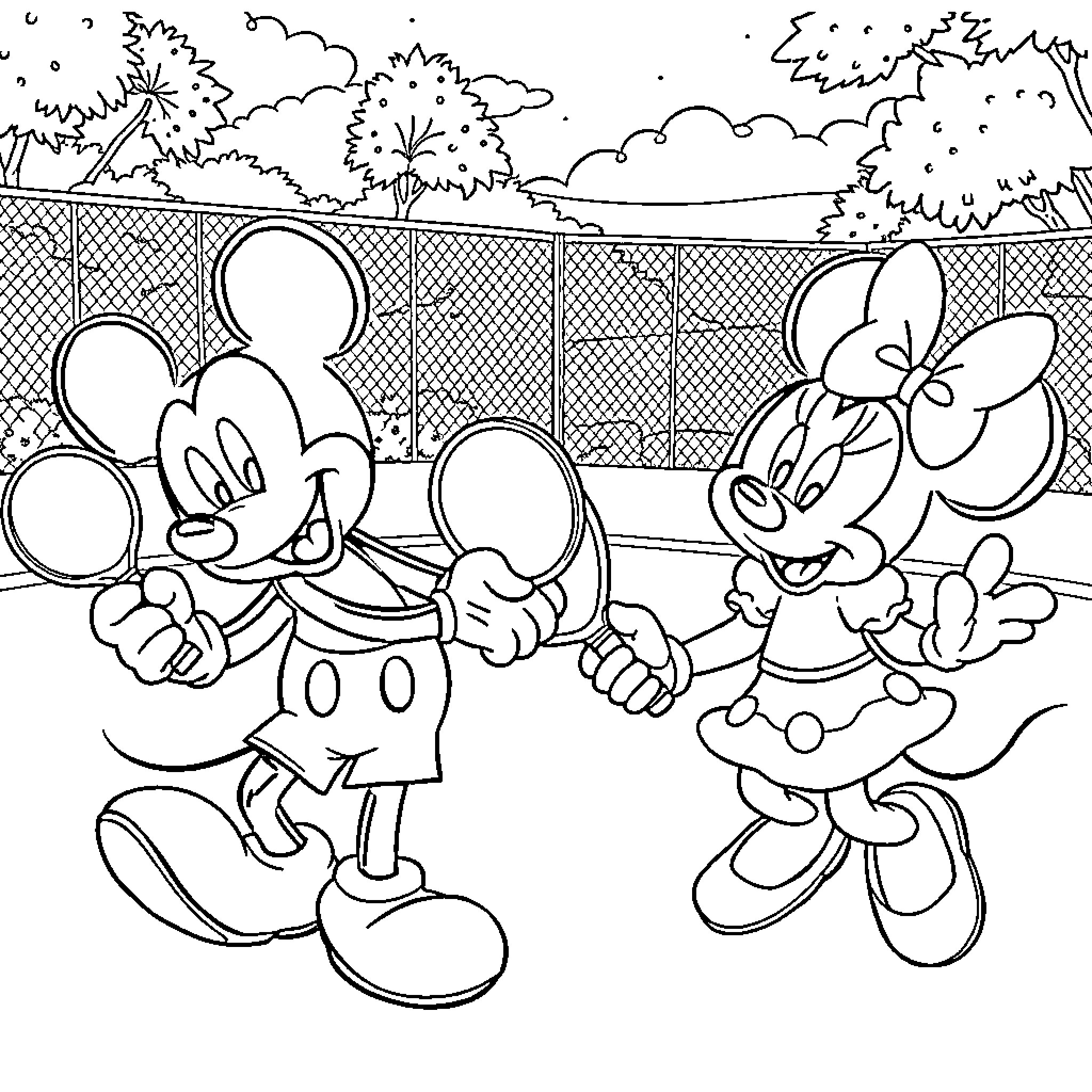 Mickey Mouse and Minnie Mouse playing together in a park Coloring Page (free black-and-white line drawing printable PDF for all, from beginners to advanced learners, including children, teens, adults, and seniors)