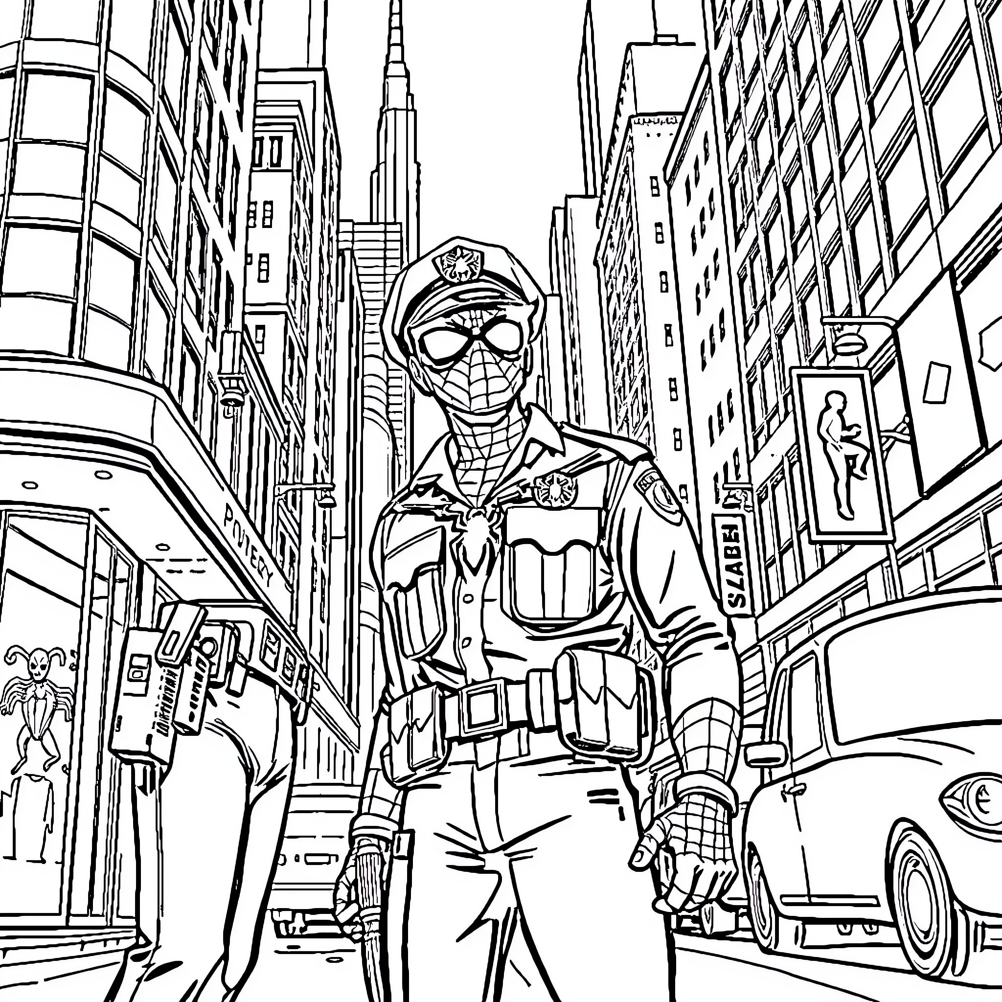 Pat's Adventurous Stroll through the Bustling City Coloring Page (free black-and-white line drawing printable PDF for all, from beginners to advanced learners, including children, teens, adults, and seniors)