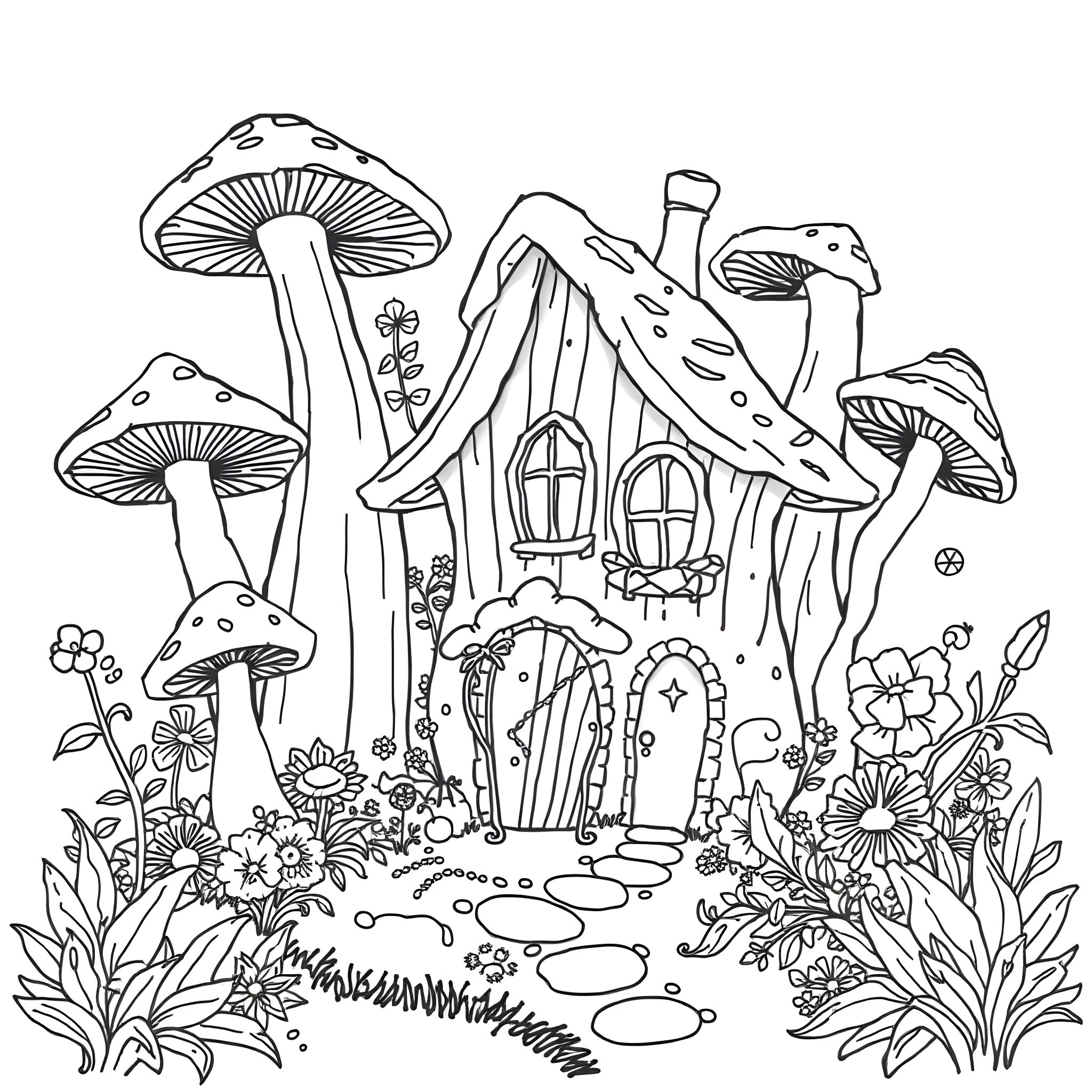 Fairy House Surrounded by Whimsical Mushrooms and Flowers Coloring Page (free black-and-white line drawing printable PDF for all, from beginners to advanced learners, including children, teens, adults, and seniors)