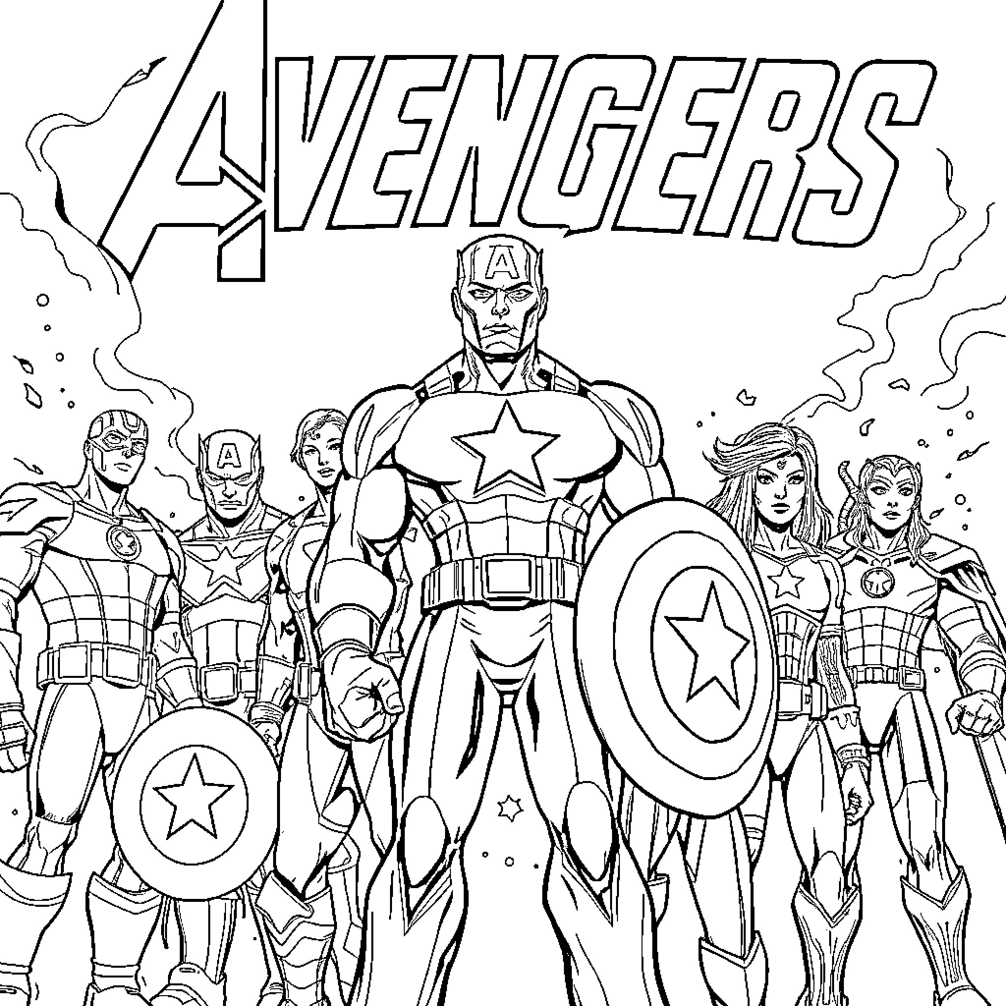 Avengers Assemble for Action and Adventure Coloring Page (free black-and-white line drawing printable PDF for all, from beginners to advanced learners, including children, teens, adults, and seniors)