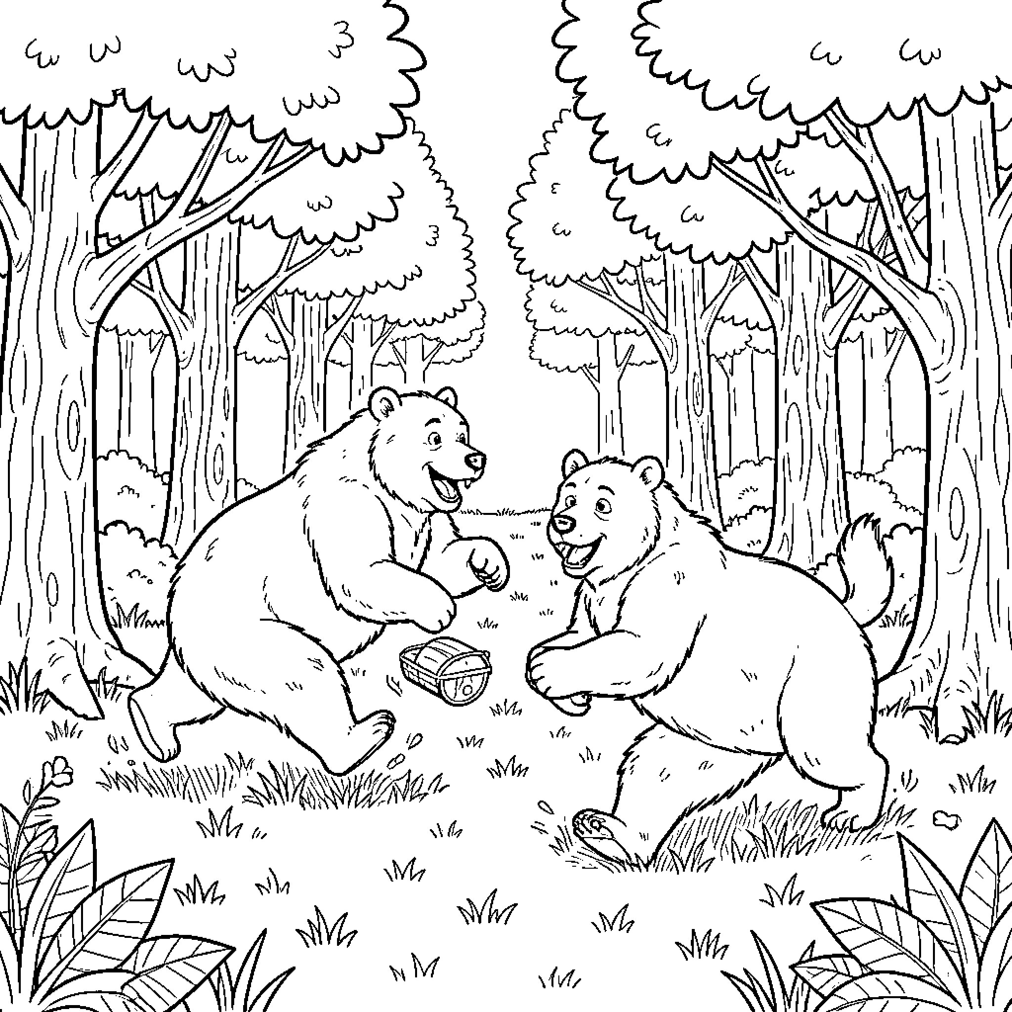 Oso bears playing together in the forest Coloring Page (free black-and-white line drawing printable PDF for all, from beginners to advanced learners, including children, teens, adults, and seniors)