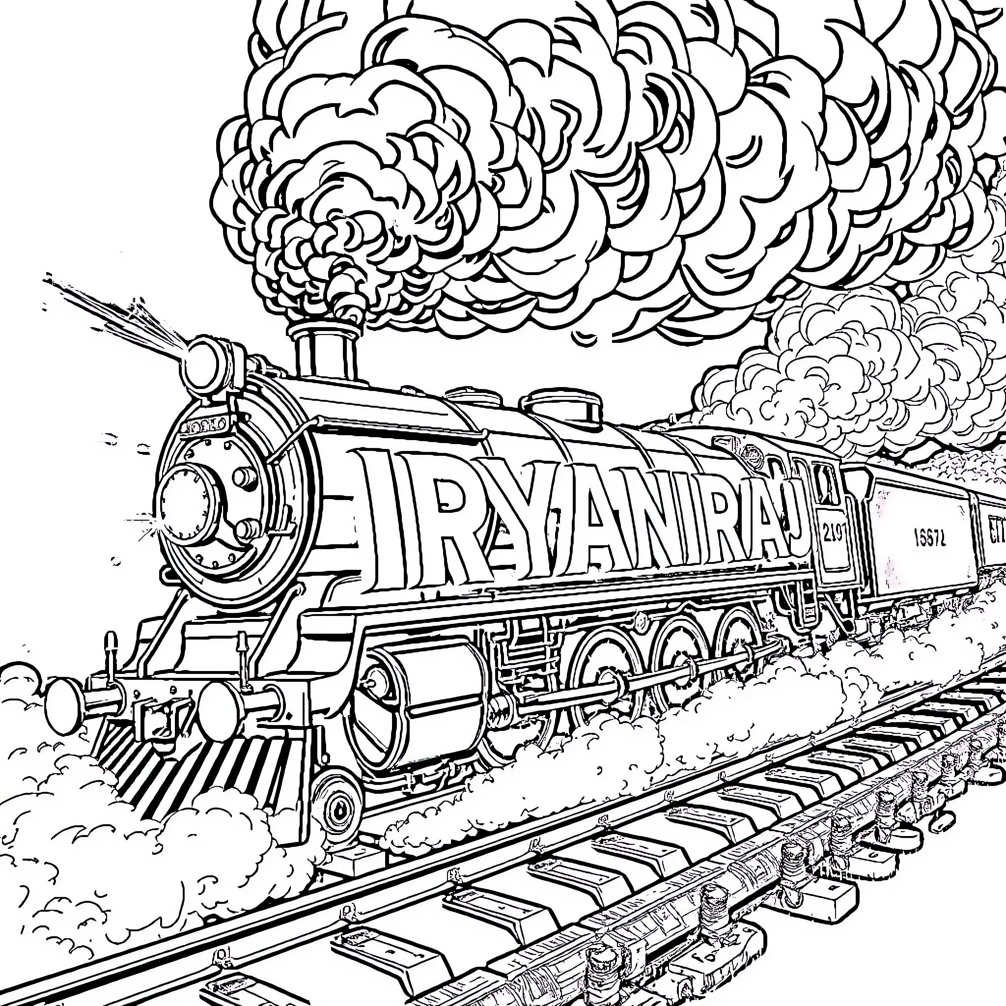 Steam Engine Racing Across the Tracks Coloring Page (free black-and-white line drawing printable PDF for all, from beginners to advanced learners, including children, teens, adults, and seniors)