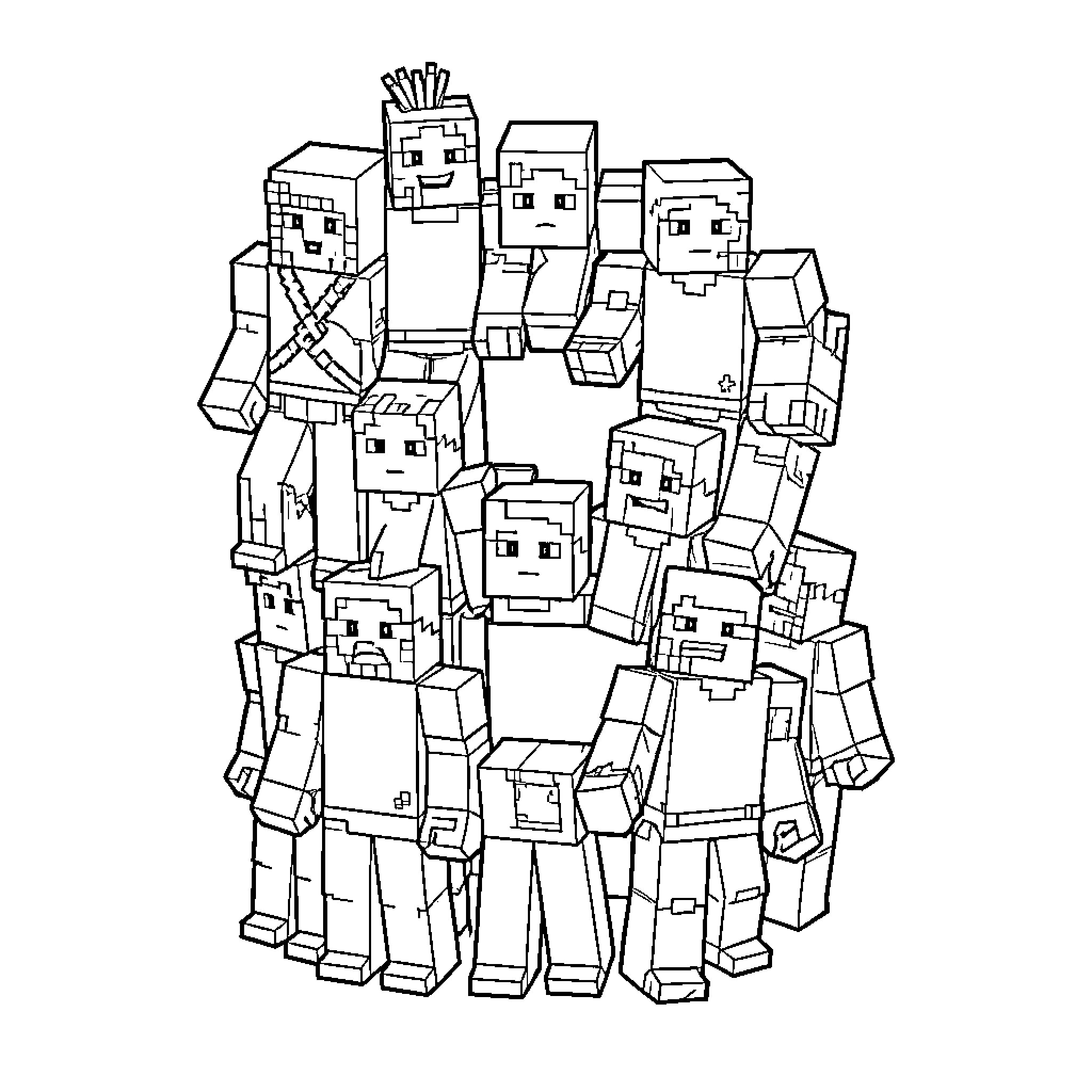 Minecraft Steve and friends in a group portrait Coloring Page (free black-and-white line drawing printable PDF for all, from beginners to advanced learners, including children, teens, adults, and seniors)
