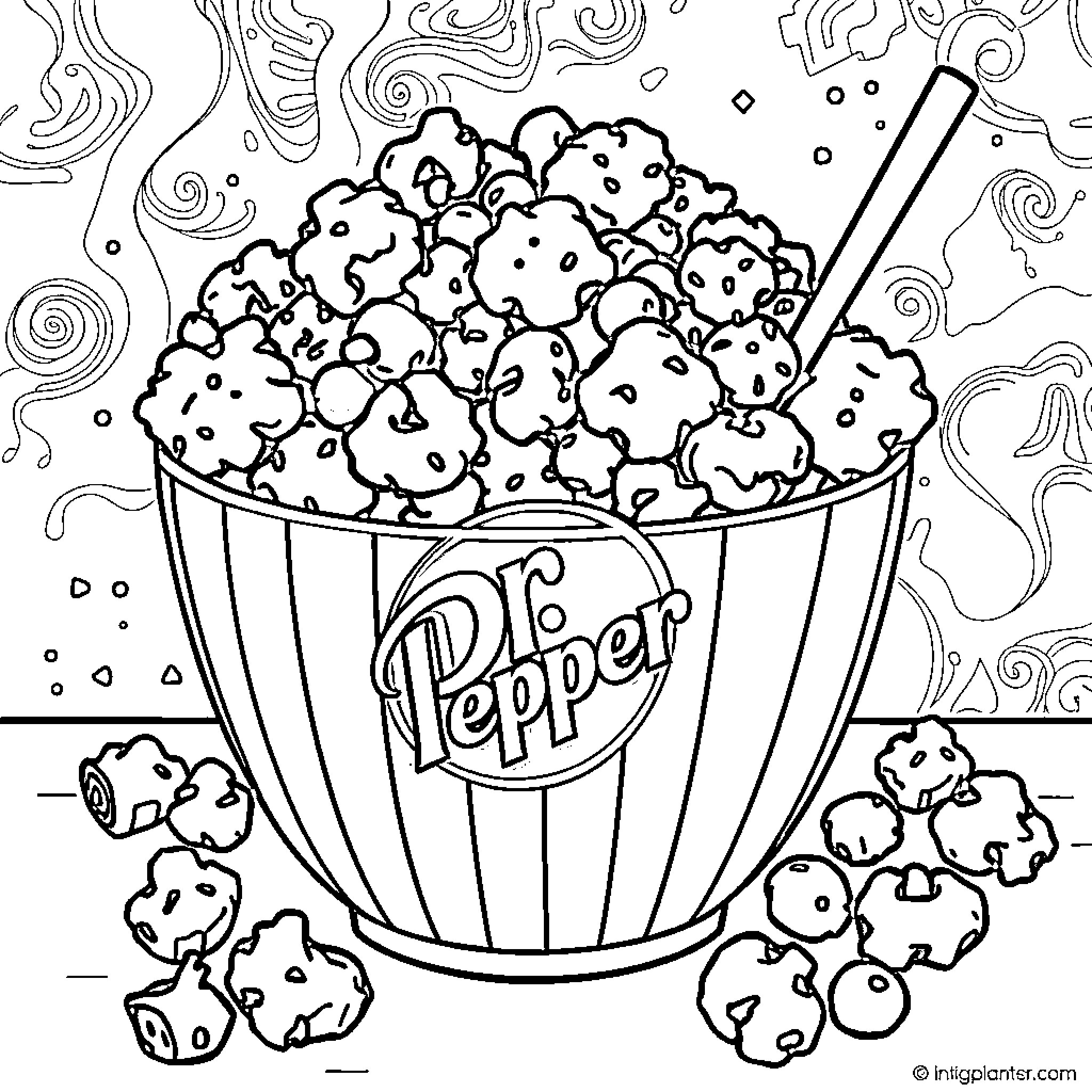 Sushi-shaped popcorn in a Dr. Pepper container Coloring Page (free black-and-white line drawing printable PDF for all, from beginners to advanced learners, including children, teens, adults, and seniors)