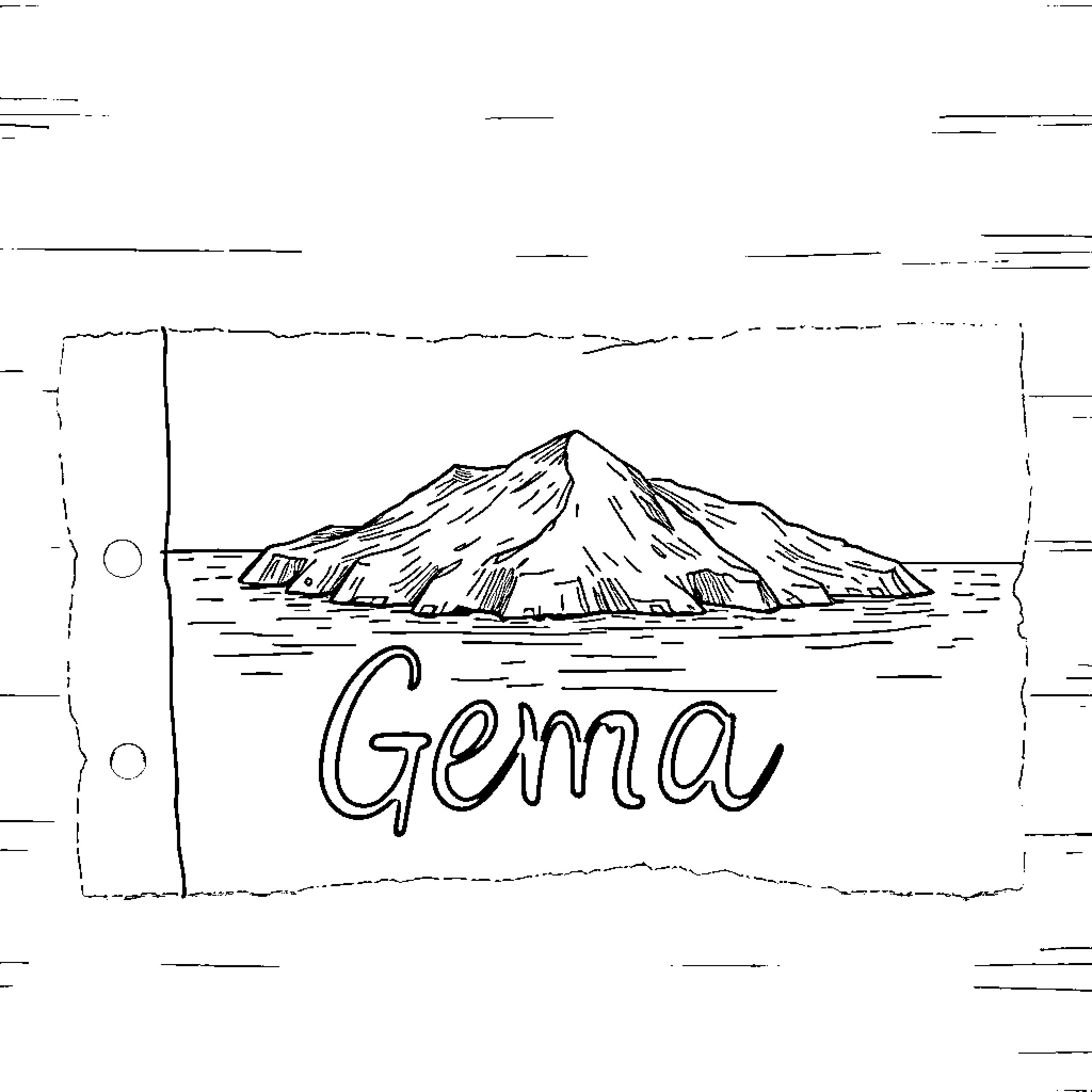 Island with mountain and text Coloring Page (free black-and-white line drawing printable PDF for all, from beginners to advanced learners, including children, teens, adults, and seniors)