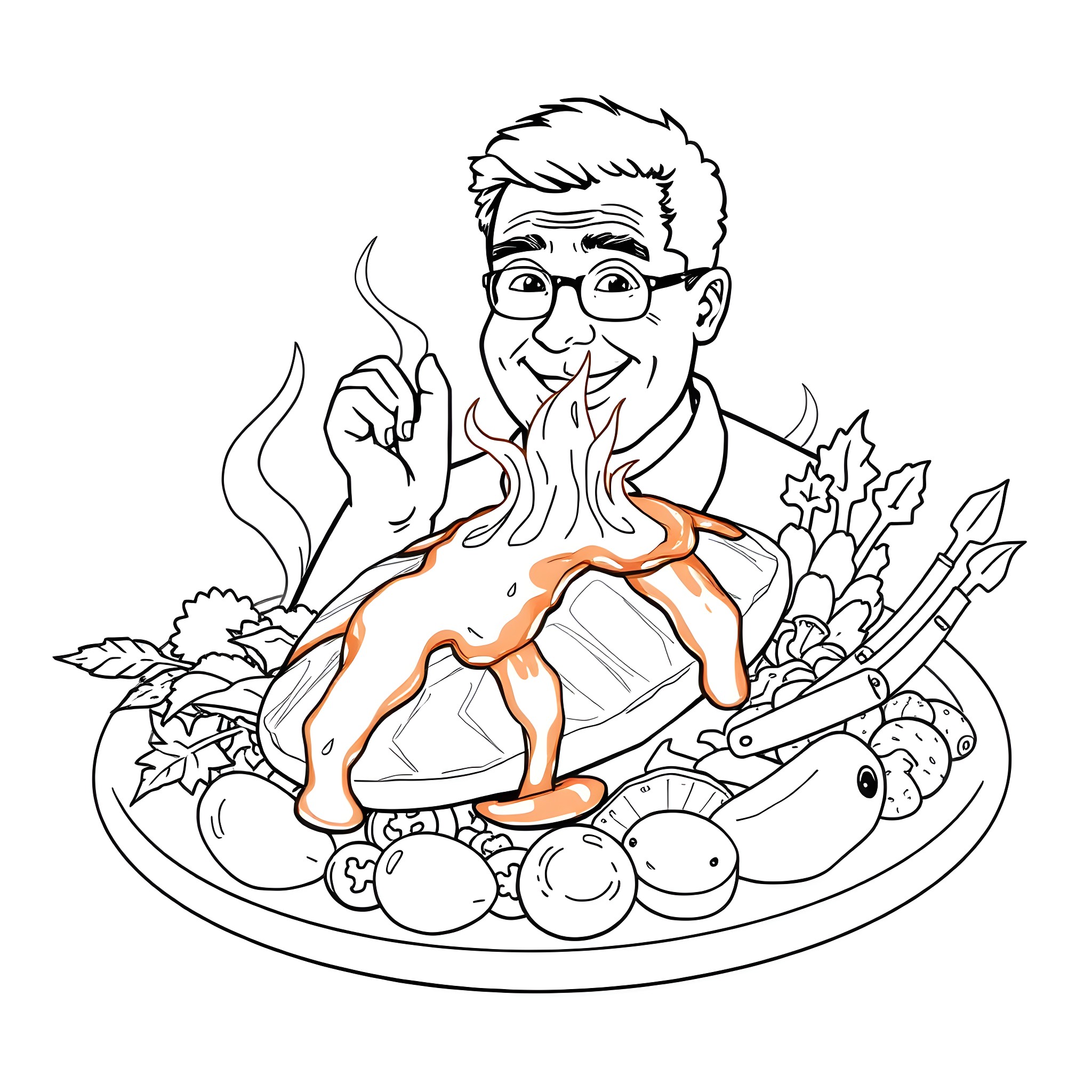 Chicken chef serving a delicious meal Coloring Page (free black-and-white line drawing printable PDF for all, from beginners to advanced learners, including children, teens, adults, and seniors)