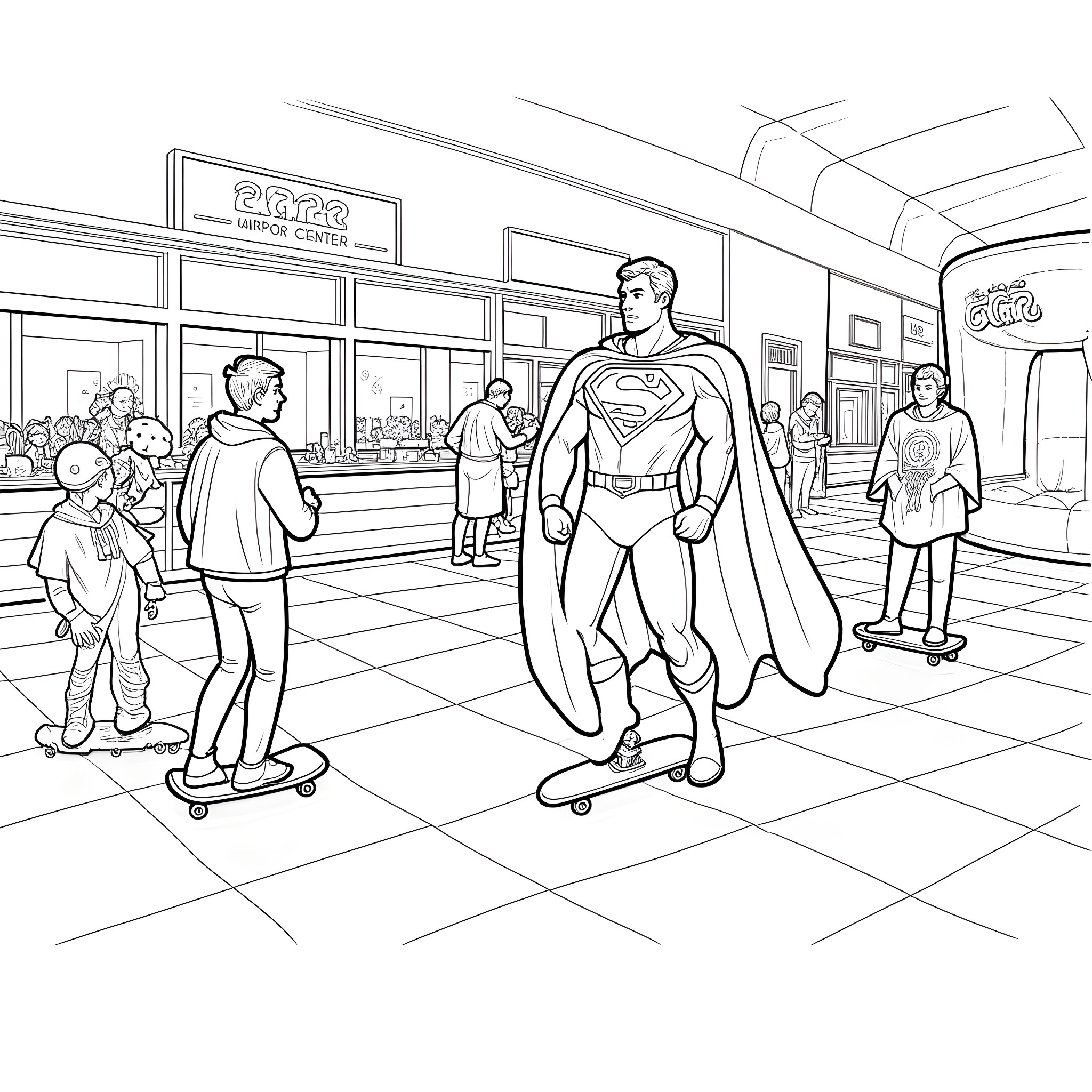 Superman in action at the shopping center Coloring Page (free black-and-white line drawing printable PDF for all, from beginners to advanced learners, including children, teens, adults, and seniors)