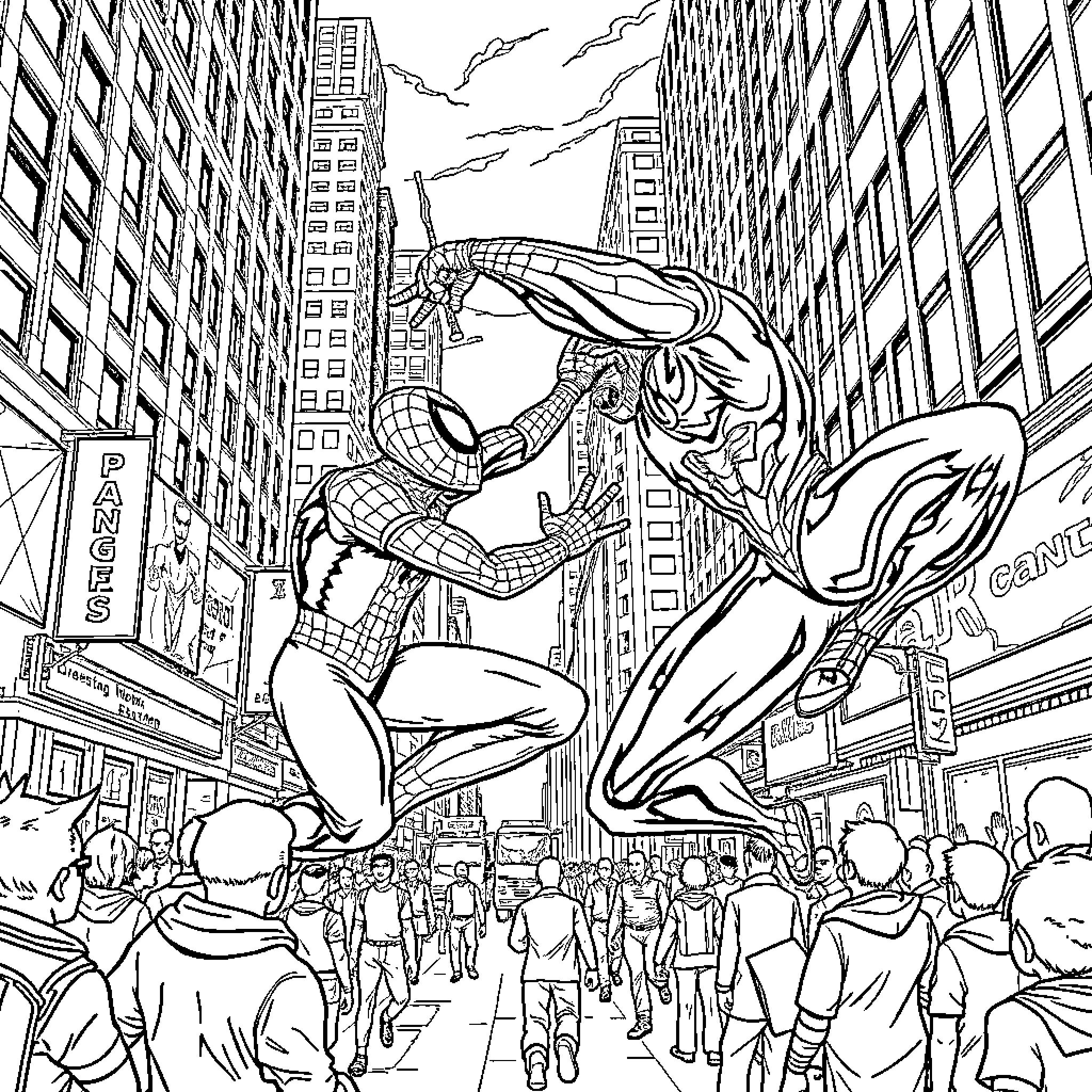 Spiderman fighting a powerful villain in a city street Coloring Page (free black-and-white line drawing printable PDF for all, from beginners to advanced learners, including children, teens, adults, and seniors)