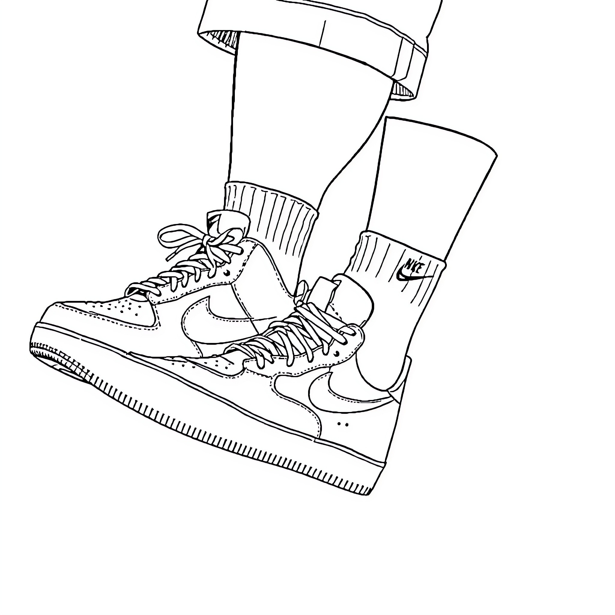 Girl wearing athletic shoes and socks Coloring Page (free black-and-white line drawing printable PDF for all, from beginners to advanced learners, including children, teens, adults, and seniors)