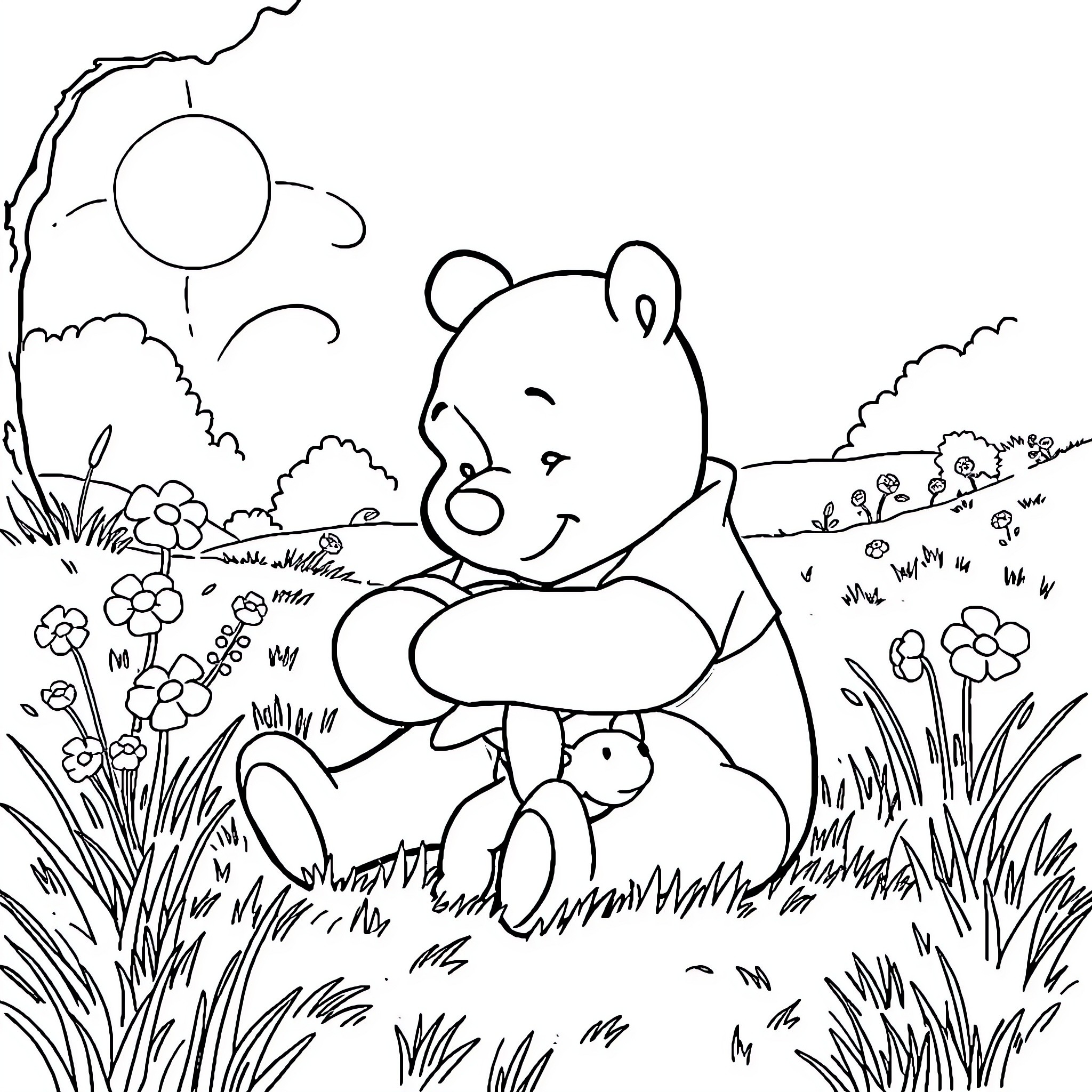 Winnie The Pooh relaxing in a serene meadow Coloring Page (free black-and-white line drawing printable PDF for all, from beginners to advanced learners, including children, teens, adults, and seniors)