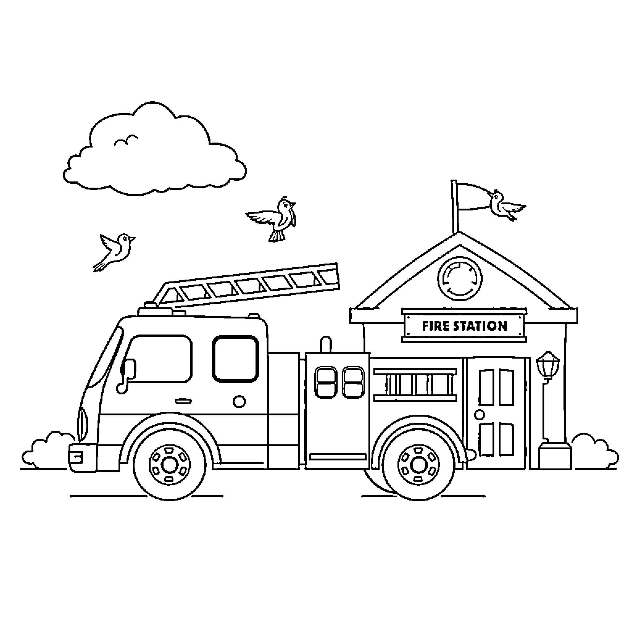 Fire Truck responding to emergency at the fire station Coloring Page (free black-and-white line drawing printable PDF for all, from beginners to advanced learners, including children, teens, adults, and seniors)