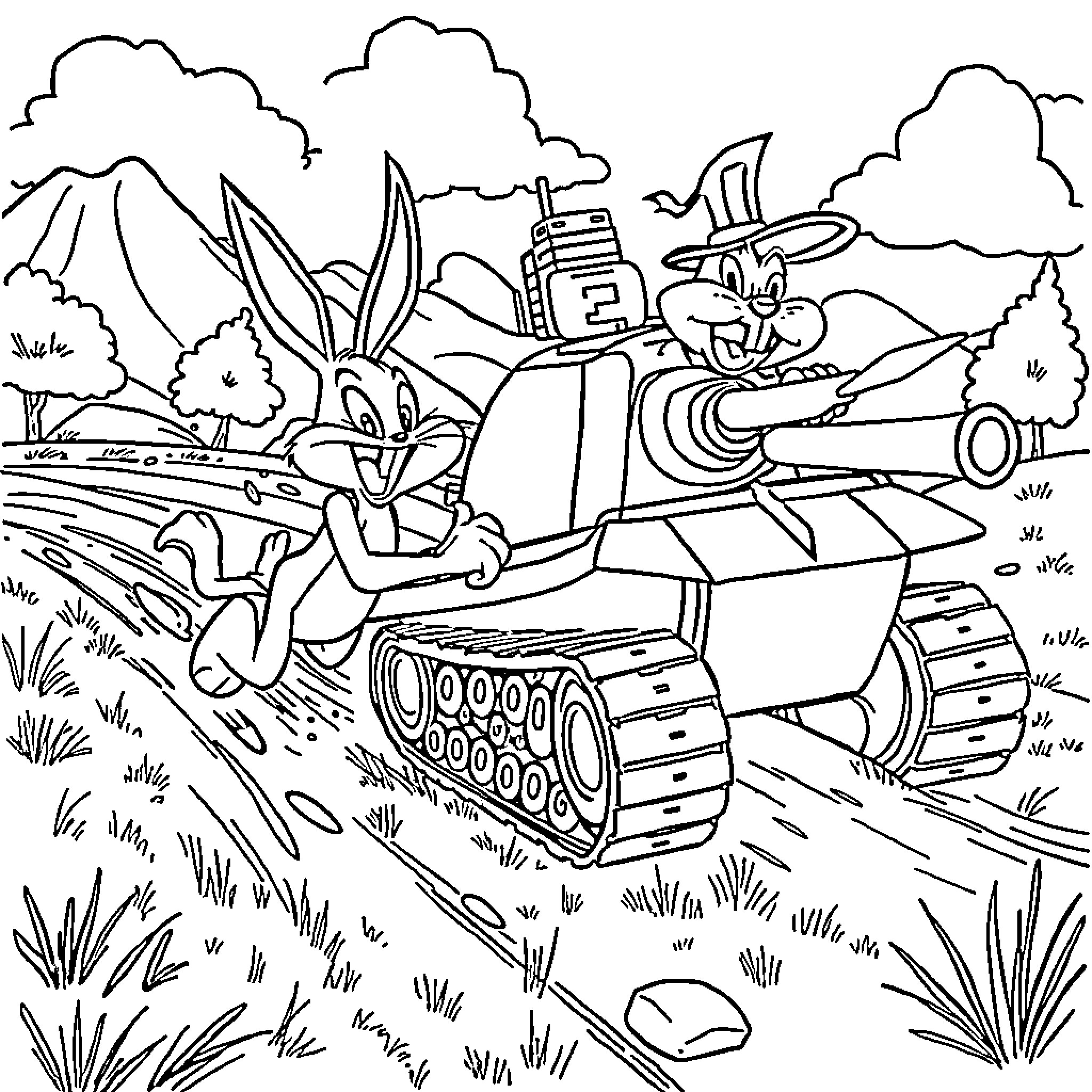 Bugs Bunny driving a tank with Elmer Fudd Coloring Page (free black-and-white line drawing printable PDF for all, from beginners to advanced learners, including children, teens, adults, and seniors)