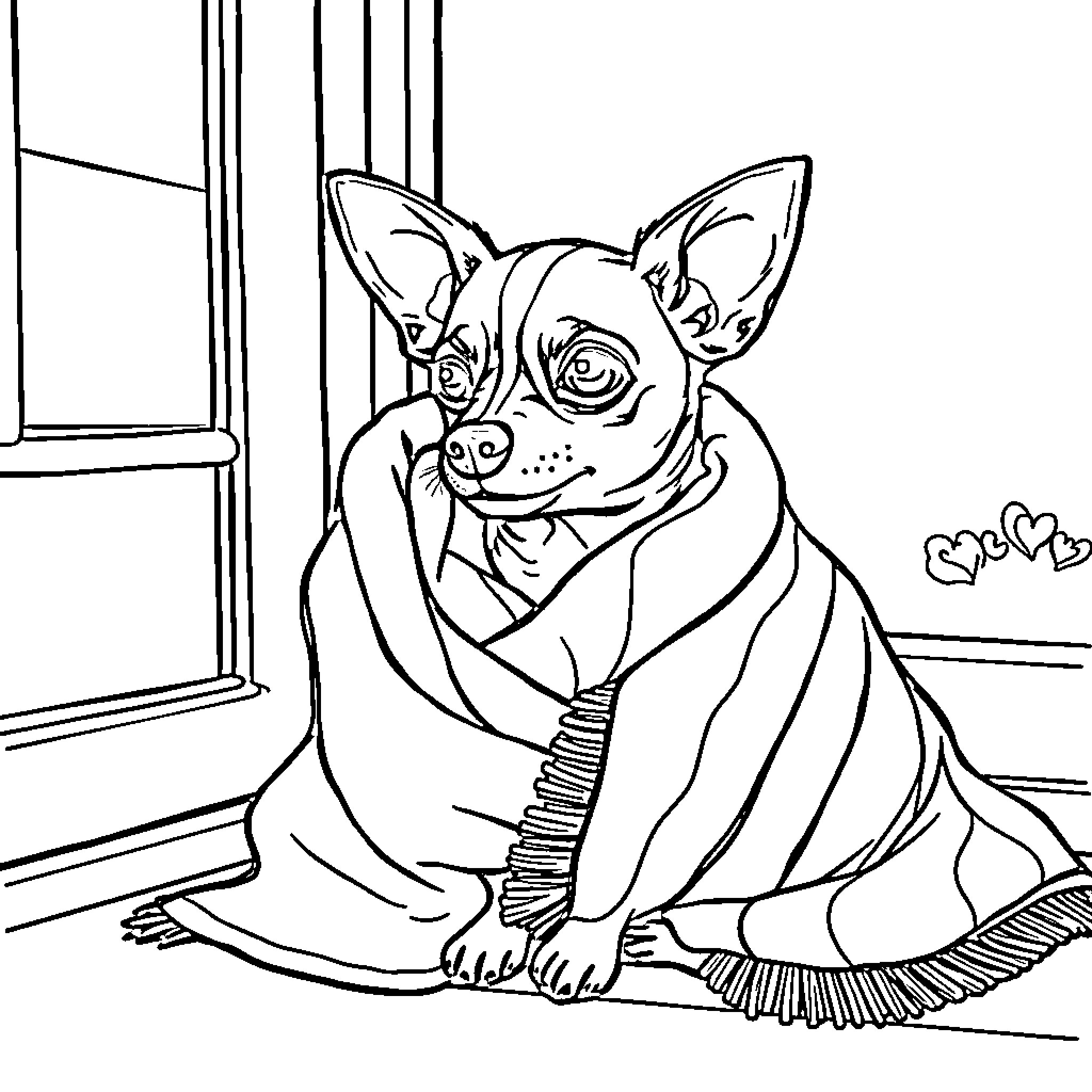 Dog in cozy blanket by window Coloring Page (free black-and-white line drawing printable PDF for all, from beginners to advanced learners, including children, teens, adults, and seniors)