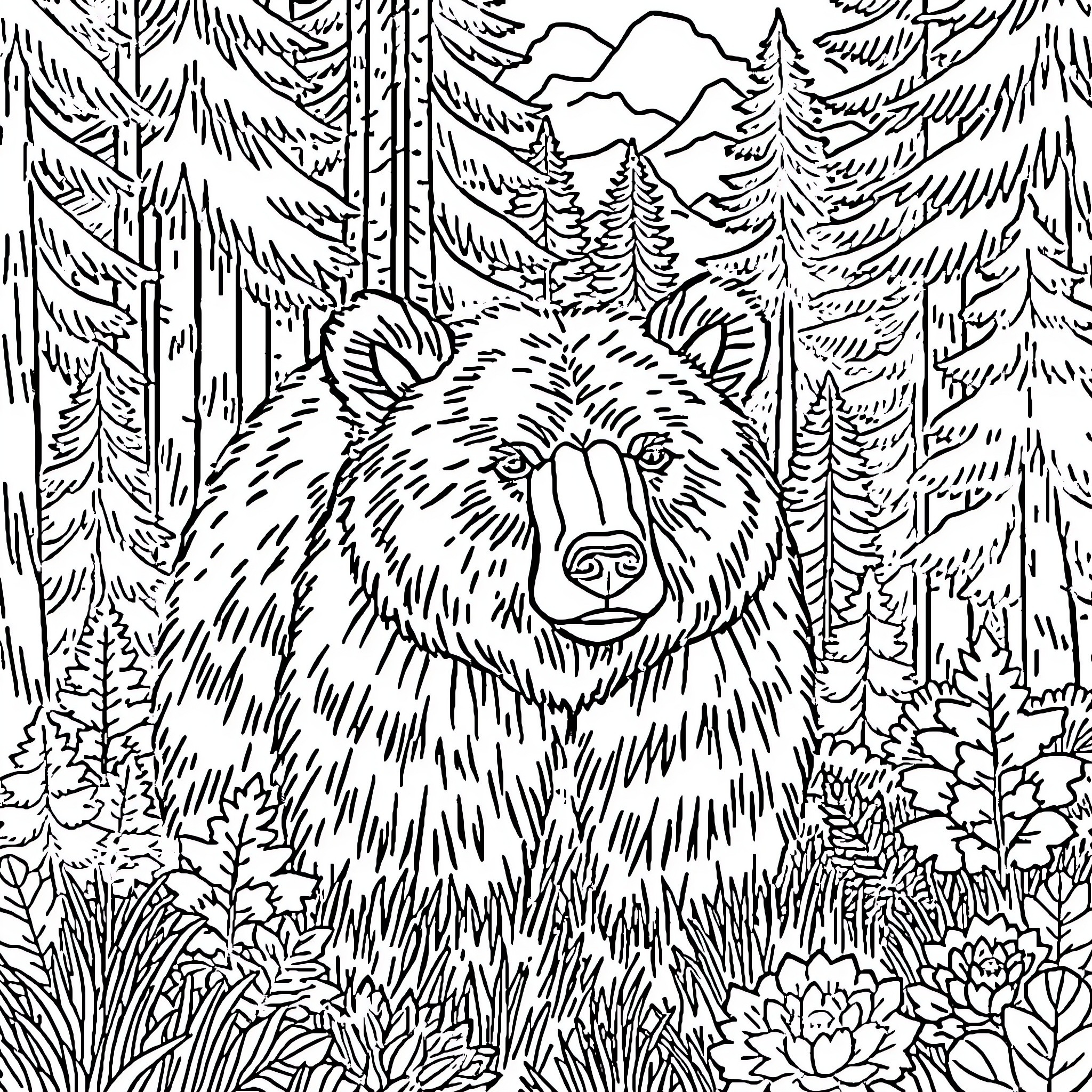 Grizzly Bear in a Lush Forest Landscape Coloring Page (free black-and-white line drawing printable PDF for all, from beginners to advanced learners, including children, teens, adults, and seniors)